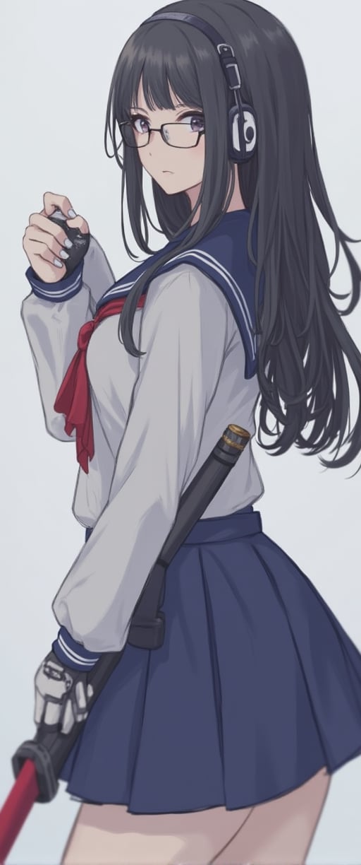 1girl, solo, long hair, looking at viewer, bangs, skirt, shirt, black hair, gloves, long sleeves, bow, holding, school uniform, weapon, cowboy shot, pleated skirt, glasses, serafuku, sword, fingerless gloves, sailor collar, grey background, nail polish, holding weapon, blurry, red bow, from side, two side up, blue skirt, gun, looking to the side, grey eyes, depth of field, headphones, katana, sheath, holding gun, handgun, mechanical arms, single mechanical arm,ct-animepopstyle