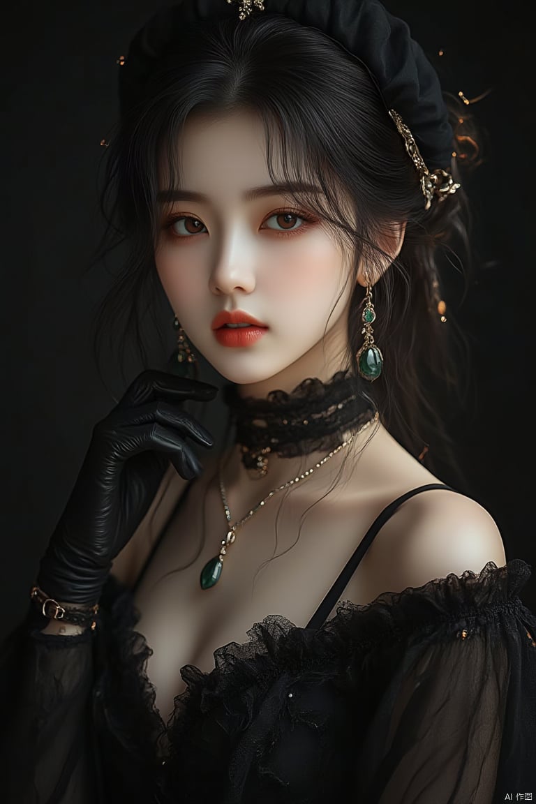 A beautiful woman, looking at viewer, black hair, gloves, hat, dress,brown eyes, jewelry,upper body, earrings, parted lips, choker, black gloves, artist name, necklace, black dress, black headwear, makeup, beret, lipstick, black background, gem, red lips,