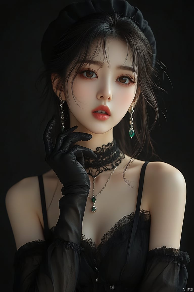 A beautiful woman, looking at viewer, black hair, gloves, hat, dress,brown eyes, jewelry,upper body, earrings, parted lips, choker, black gloves, artist name, necklace, black dress, black headwear, makeup, beret, lipstick, black background, gem, red lips,