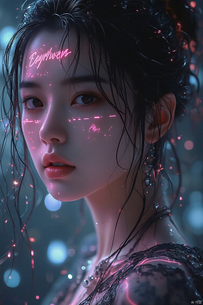 Trendy K Style,Holographic projection of text on the face,neon lighting, highly detailed, ultra-high resolutions, 32K UHD, best quality, masterpiece, 