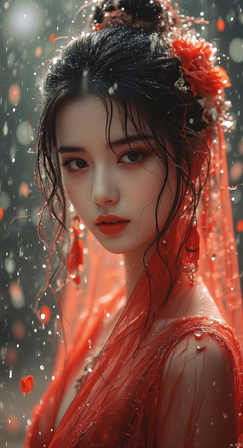 1woman, transparent red gauze covering her face, beautiful eyes, eye shadow, gorgeous accessories, falling petals, blurry foreground,rain