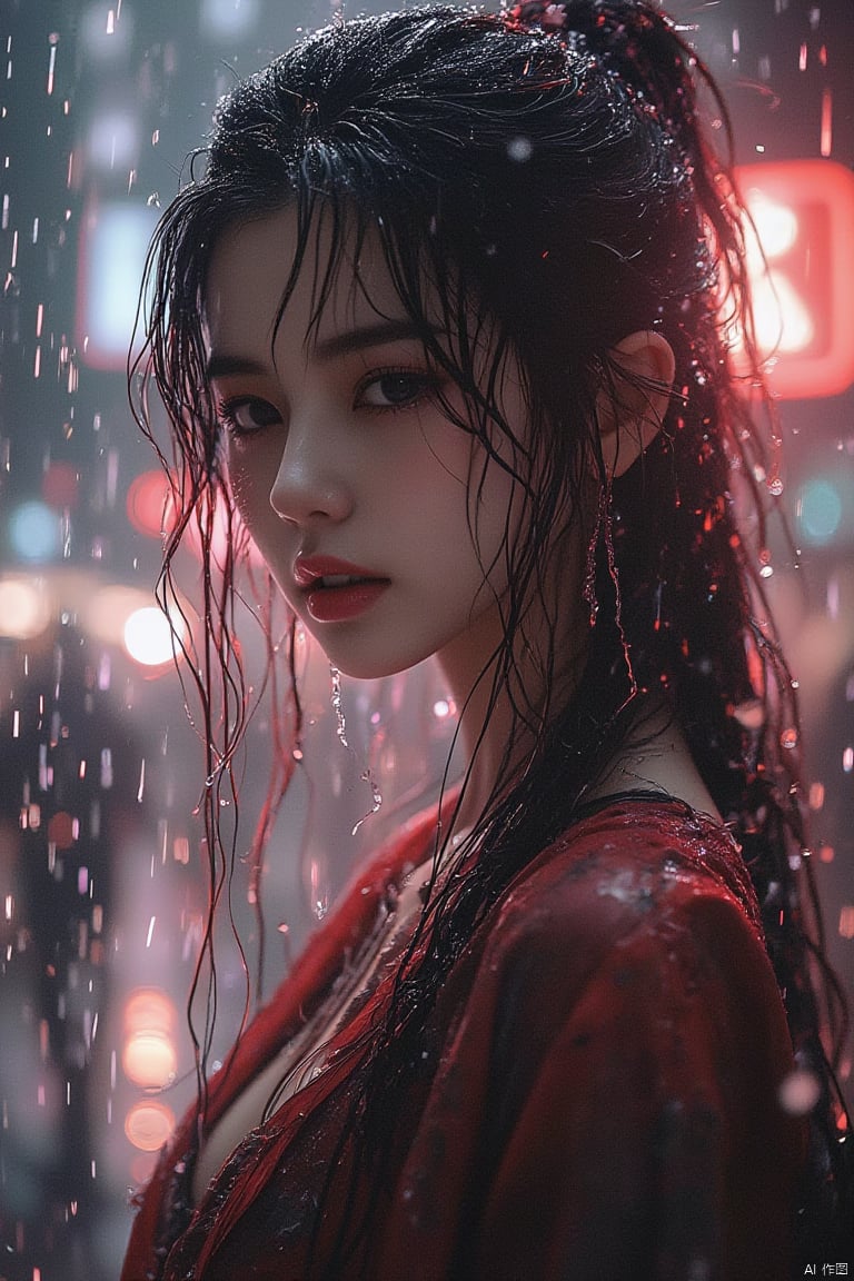 1girl in the rain,Trendy K Style, neon lighting, highly detailed, ultra-high resolutions, 32K UHD, best quality, masterpiece,