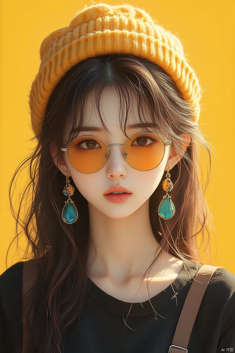 Realistic style, a beautiful woman,earrings,hat,jewelry,yellow background,beanie,looking at viewer,brown hair,tinted eyewear,medium hair,portrait,bangs,round eyewear,multicolored eyes,yellow headwear,orange-tinted eyewear,upper body,sunglasses,black shirt,blue eyes,,