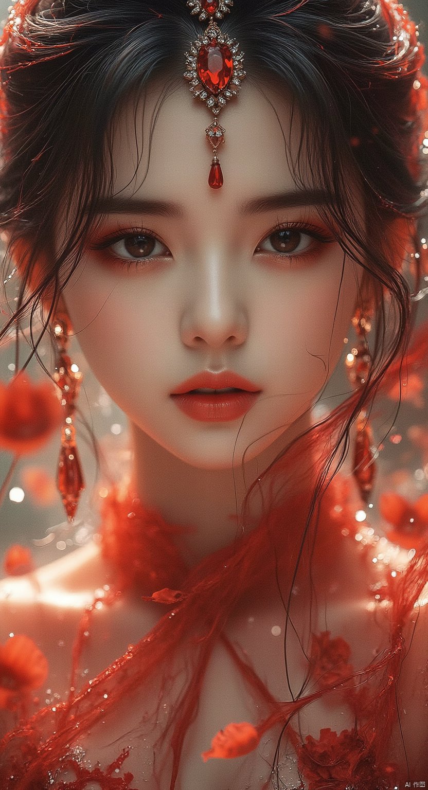 Close-up of beautiful woman's face, transparent red gauze covering her face, beautiful eyes, eye shadow, gorgeous accessories, falling petals, blurry foreground,