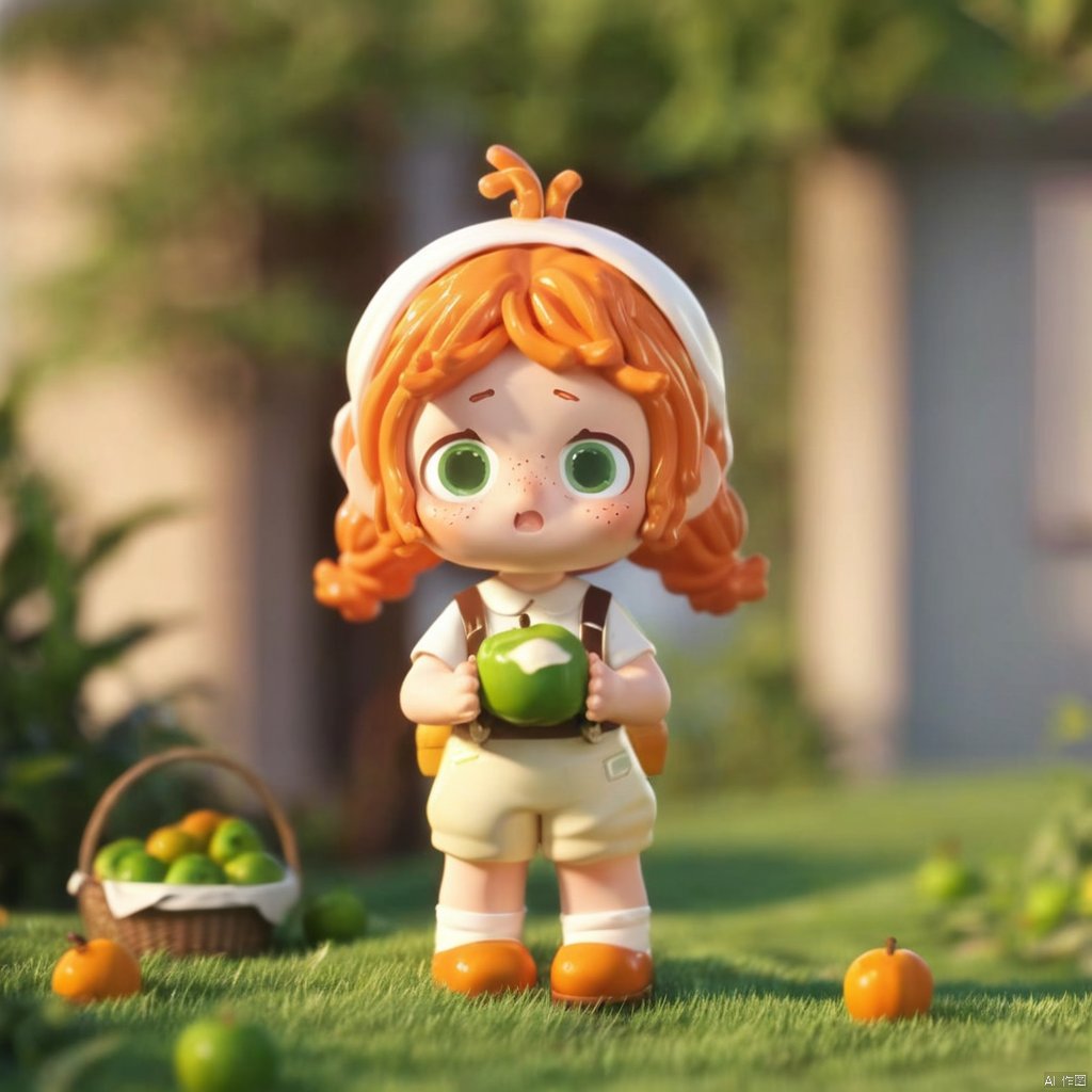 1girl, solo, looking at viewer, brown hair, holding, twintails, closed mouth, green eyes, standing, full body, outdoors, food, orange hair, blurry, cosplay, fruit, depth of field, blurry background, eating, grass, freckles, takatsuki yayoi