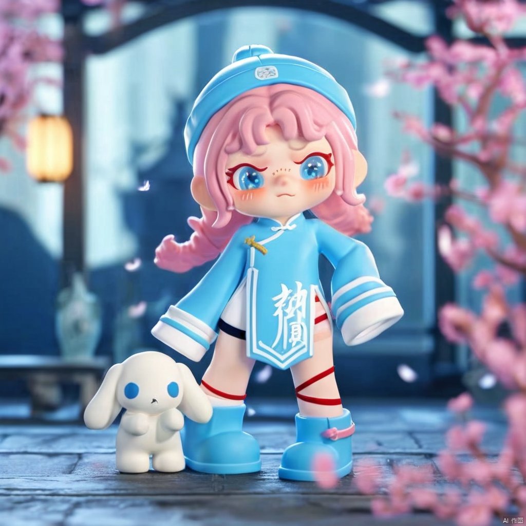 1girl, solo, blue eyes, long sleeves, hat, pink hair, tears, sleeves past wrists, scar, chinese clothes, stuffed toy, blue headwear, sleeves past fingers, ofuda, stitches, jiangshi