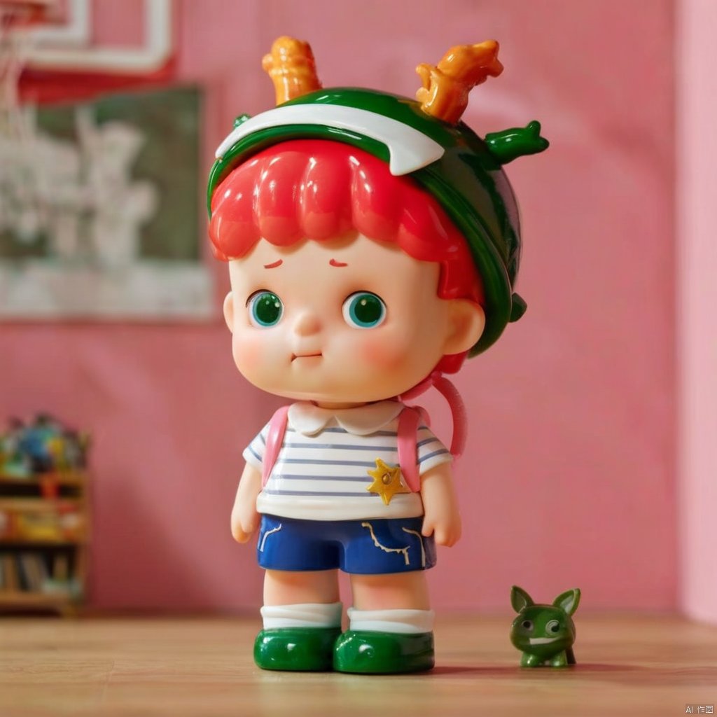 solo, looking at viewer, shirt, 1boy, hat, standing, full body, white shirt, pink hair, male focus, red hair, horns, shoes, shorts, socks, striped, bag, black eyes, child, blue shorts, striped shirt, green footwear, 