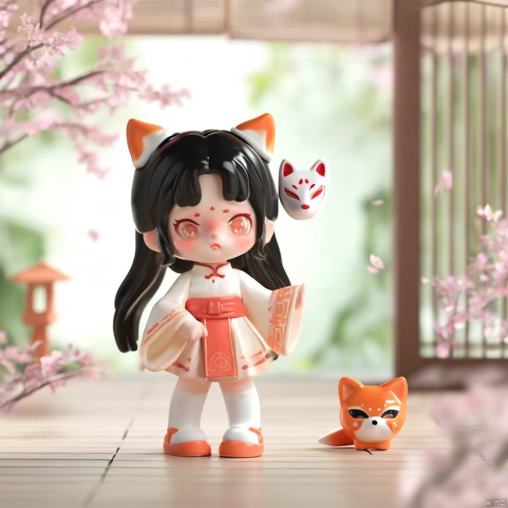 1girl,solo,long hair,black hair,full body,japanese clothes,very long hair,white background,tabi,mask,looking at viewer,simple background,wide sleeves,skirt,kimono,platform footwear,standing,socks,geta,bangs,floral print,sash,bell,hair ornament,detached sleeves,fox mask,mask on head,white socks,blunt bangs,obi,, masterpiece,best quality,