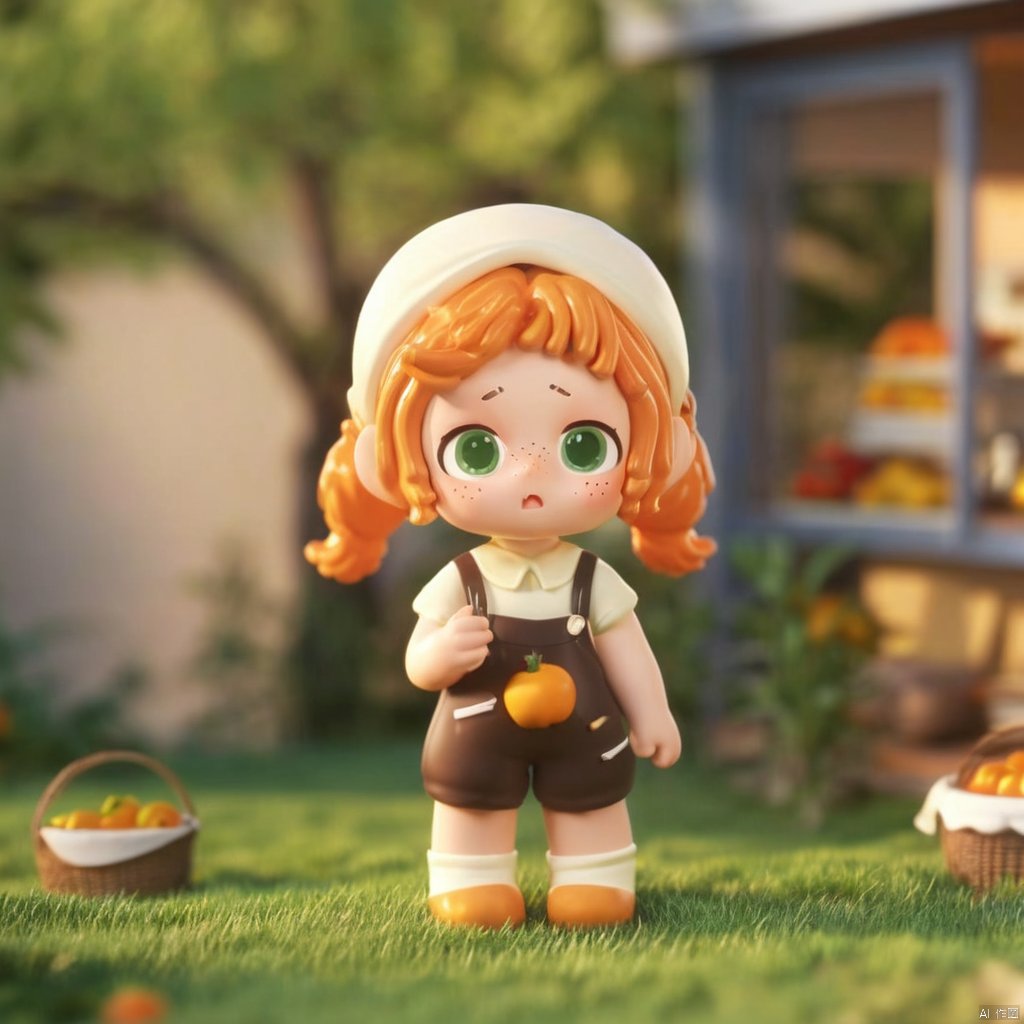 1girl, solo, looking at viewer, brown hair, holding, twintails, closed mouth, green eyes, standing, full body, outdoors, food, orange hair, blurry, cosplay, fruit, depth of field, blurry background, eating, grass, freckles, takatsuki yayoi