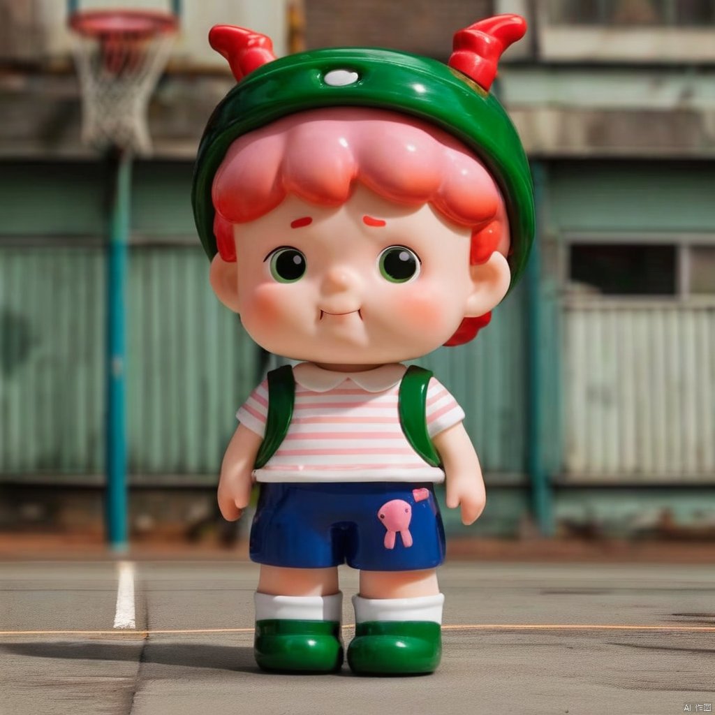 solo, looking at viewer, shirt, 1boy, hat, standing, full body, white shirt, pink hair, male focus, red hair, outdoors, horns, shoes, shorts, socks, striped, bag, blurry, black eyes, blurry background, child, blue shorts, striped shirt, green footwear, photo background