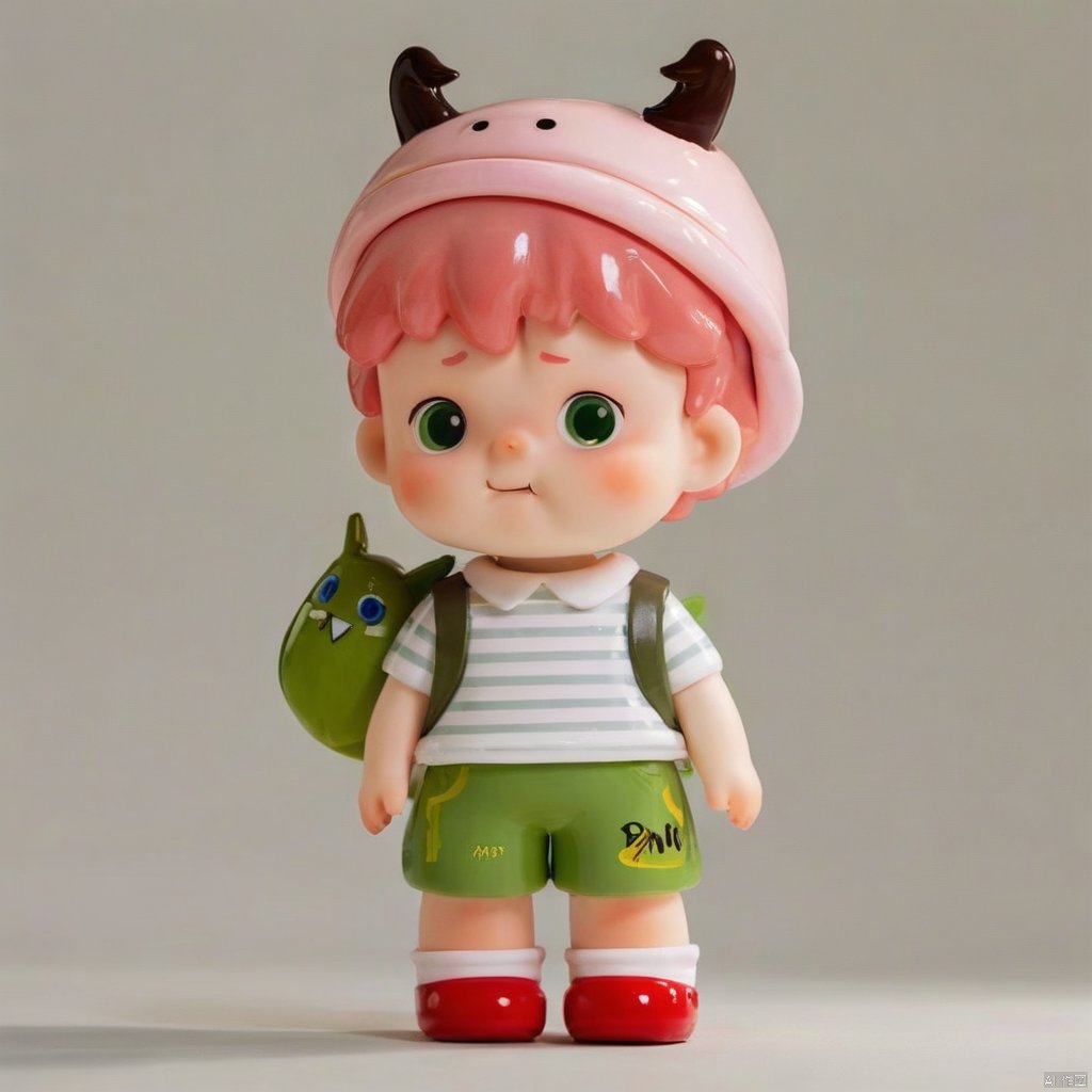 solo, looking at viewer, shirt, 1boy, hat, standing, full body, white shirt, pink hair, male focus, red hair, horns, shoes, shorts, socks, striped, bag, black eyes, child, blue shorts, striped shirt, green footwear, 