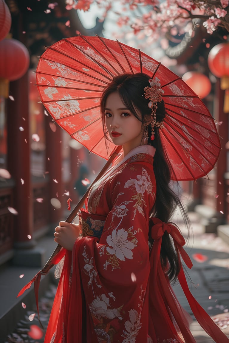 photorealism, (upper body), (portrait:1.2), KOLNB,Hanfu,Eroflo, a woman, beautiful face, red dress, japanese umbrella, bokeh, Chinese festival street, (nigh street:1.2), depth of field, columns, temple, lanterns.
Best quality, uhd, 8k, hyper detailed,Ahri