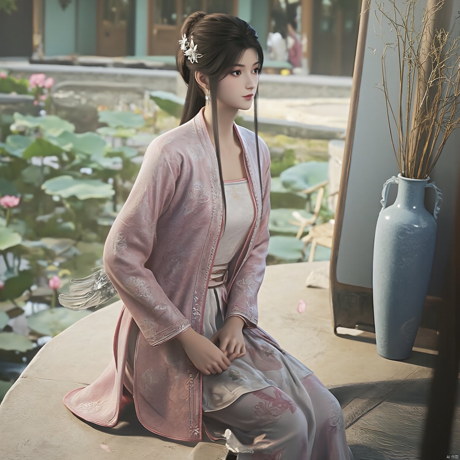 Best quality, Realistic, photorealistic, masterpiece, (huge breasts:2.29) , best shadow, huge filesize ,(huge breasts:2.39) incredibly absurdres, absurdres, looking at viewer, transparent, smog, gauze, vase, petals, room, ancient Chinese style, detailed background, wide shot background,
(((1gilr,black hair))),(Sitting on the lotus pond porch:1.39) ,(huge breasts:2.49),(A pond full of pink lotus flowers:1.3),close up of 1girl,Hairpins,hair ornament,hair wings,slim,narrow waist,(huge breasts:2.59),perfect eyes,beautiful perfect face,pleasant smile,perfect female figure,detailed skin,charming,alluring,seductive,erotic,enchanting,delicate pattern,detailed complex and rich exquisite clothing detail,delicate intricate fabrics,
Morning Serenade In the gentle morning glow, (a woman in a pink lotus-patterned Hanfu stands in an indoor courtyard:1.26),(Chinese traditional dragon and phoenix embroidered Hanfu:1.3), admiring the tranquil garden scenery. The lotus-patterned Hanfu, embellished with silver-thread embroidery, is softly illuminated by the morning light. The light mint green Hanfu imparts a sense of calm and freshness, adorned with delicate lotus patterns, with a blurred background to enhance the peaceful atmosphere,(huge breasts:2.7),Xsutaner,Xhulianxin,Xyinluoxia,Xsysh,Xyunxiao,Xningyao