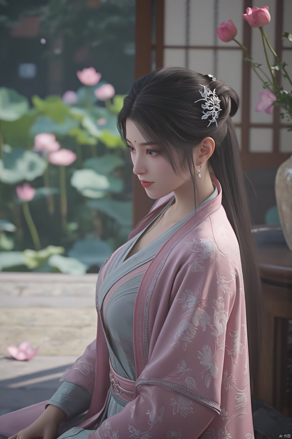 Best quality, Realistic, photorealistic, masterpiece, (huge breasts:2.39) , best shadow, huge filesize ,(huge breasts:2.39) incredibly absurdres, absurdres, looking at viewer, transparent, smog, gauze, vase, petals, room, ancient Chinese style, detailed background, wide shot background,
(((1gilr,black hair))),(Sitting on the lotus pond porch:1.39) ,(huge breasts:2.59),(A pond full of pink lotus flowers:1.3),close up of 1girl,Hairpins,hair ornament,hair wings,slim,narrow waist,(huge breasts:2.69),perfect eyes,beautiful perfect face,pleasant smile,perfect female figure,detailed skin,charming,alluring,seductive,erotic,enchanting,delicate pattern,detailed complex and rich exquisite clothing detail,delicate intricate fabrics,
Morning Serenade In the gentle morning glow, (a woman in a pink lotus-patterned Hanfu stands in an indoor courtyard:1.26),(Chinese traditional dragon and phoenix embroidered Hanfu:1.3), admiring the tranquil garden scenery. The lotus-patterned Hanfu, embellished with silver-thread embroidery, is softly illuminated by the morning light. The light mint green Hanfu imparts a sense of calm and freshness, adorned with delicate lotus patterns, with a blurred background to enhance the peaceful atmosphere,(huge breasts:2.79),Xsutaner,Xhulianxin,Xyinluoxia,Xsysh,Xyunxiao,Xningyao