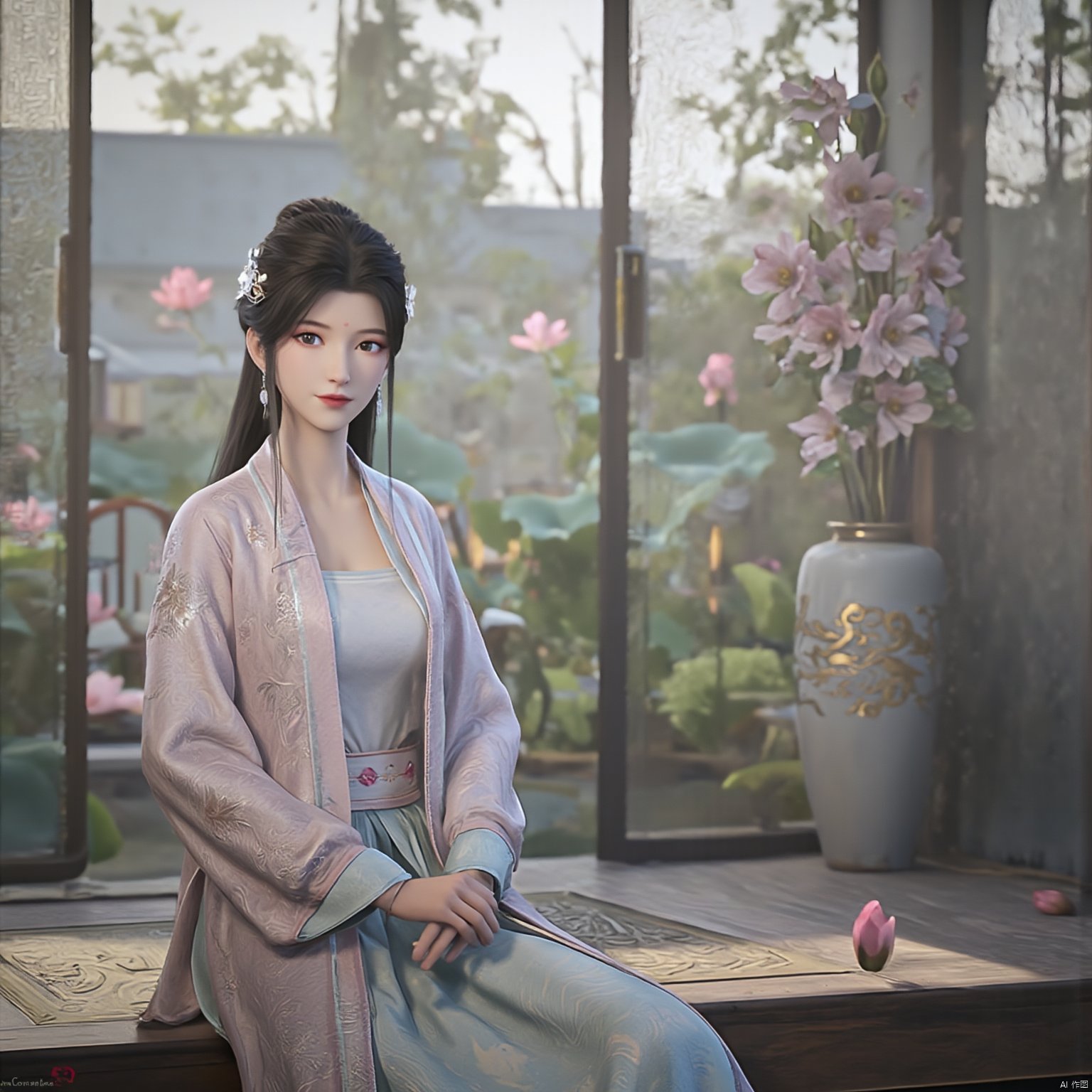 Best quality, Realistic, photorealistic, masterpiece, (huge breasts:2.29) , best shadow, huge filesize ,(huge breasts:2.39) incredibly absurdres, absurdres, looking at viewer, transparent, smog, gauze, vase, petals, room, ancient Chinese style, detailed background, wide shot background,
(((1gilr,black hair))),(Sitting on the lotus pond porch:1.39) ,(huge breasts:2.49),(A pond full of pink lotus flowers:1.3),close up of 1girl,Hairpins,hair ornament,hair wings,slim,narrow waist,(huge breasts:2.59),perfect eyes,beautiful perfect face,pleasant smile,perfect female figure,detailed skin,charming,alluring,seductive,erotic,enchanting,delicate pattern,detailed complex and rich exquisite clothing detail,delicate intricate fabrics,
Morning Serenade In the gentle morning glow, (a woman in a pink lotus-patterned Hanfu stands in an indoor courtyard:1.26),(Chinese traditional dragon and phoenix embroidered Hanfu:1.3), admiring the tranquil garden scenery. The lotus-patterned Hanfu, embellished with silver-thread embroidery, is softly illuminated by the morning light. The light mint green Hanfu imparts a sense of calm and freshness, adorned with delicate lotus patterns, with a blurred background to enhance the peaceful atmosphere,(huge breasts:2.7),Xsutaner,Xhulianxin,Xyinluoxia,Xsysh,Xyunxiao,Xningyao