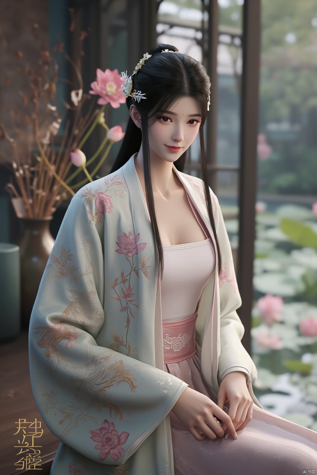 Best quality, Realistic, photorealistic, masterpiece, (huge breasts:2.39) , best shadow, huge filesize ,(huge breasts:2.39) incredibly absurdres, absurdres, looking at viewer, transparent, smog, gauze, vase, petals, room, ancient Chinese style, detailed background, wide shot background,
(((1gilr,black hair))),(Sitting on the lotus pond porch:1.39) ,(huge breasts:2.59),(A pond full of pink lotus flowers:1.3),close up of 1girl,Hairpins,hair ornament,hair wings,slim,narrow waist,(huge breasts:2.69),perfect eyes,beautiful perfect face,pleasant smile,perfect female figure,detailed skin,charming,alluring,seductive,erotic,enchanting,delicate pattern,detailed complex and rich exquisite clothing detail,delicate intricate fabrics,
Morning Serenade In the gentle morning glow, (a woman in a pink lotus-patterned Hanfu stands in an indoor courtyard:1.26),(Chinese traditional dragon and phoenix embroidered Hanfu:1.3), admiring the tranquil garden scenery. The lotus-patterned Hanfu, embellished with silver-thread embroidery, is softly illuminated by the morning light. The light mint green Hanfu imparts a sense of calm and freshness, adorned with delicate lotus patterns, with a blurred background to enhance the peaceful atmosphere,(huge breasts:2.79),Xsutaner,Xhulianxin,Xyinluoxia,Xsysh,Xyunxiao,Xningyao