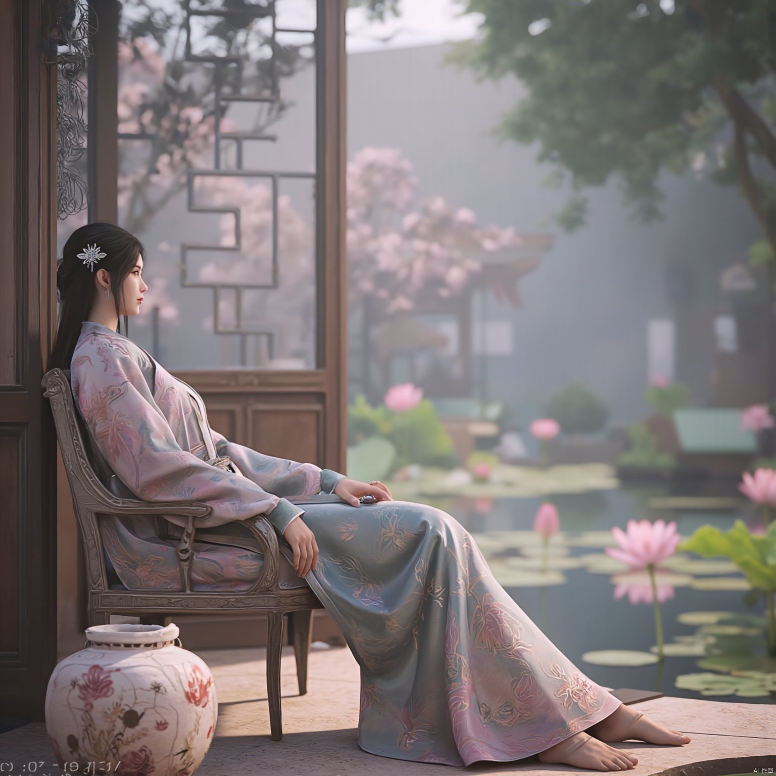 Best quality, Realistic, photorealistic, masterpiece, (huge breasts:2.39) , best shadow, huge filesize ,(huge breasts:2.39) incredibly absurdres, absurdres, looking at viewer, transparent, smog, gauze, vase, petals, room, ancient Chinese style, detailed background, wide shot background,
(((1gilr,black hair))),(Sitting on the lotus pond porch:1.39) ,(huge breasts:2.59),(A pond full of pink lotus flowers:1.3),close up of 1girl,Hairpins,hair ornament,hair wings,slim,narrow waist,(huge breasts:2.69),perfect eyes,beautiful perfect face,pleasant smile,perfect female figure,detailed skin,charming,alluring,seductive,erotic,enchanting,delicate pattern,detailed complex and rich exquisite clothing detail,delicate intricate fabrics,
Morning Serenade In the gentle morning glow, (a woman in a pink lotus-patterned Hanfu stands in an indoor courtyard:1.26),(Chinese traditional dragon and phoenix embroidered Hanfu:1.3), admiring the tranquil garden scenery. The lotus-patterned Hanfu, embellished with silver-thread embroidery, is softly illuminated by the morning light. The light mint green Hanfu imparts a sense of calm and freshness, adorned with delicate lotus patterns, with a blurred background to enhance the peaceful atmosphere,(huge breasts:2.79),Xsutaner,Xhulianxin,Xyinluoxia,Xsysh,Xyunxiao,Xningyao