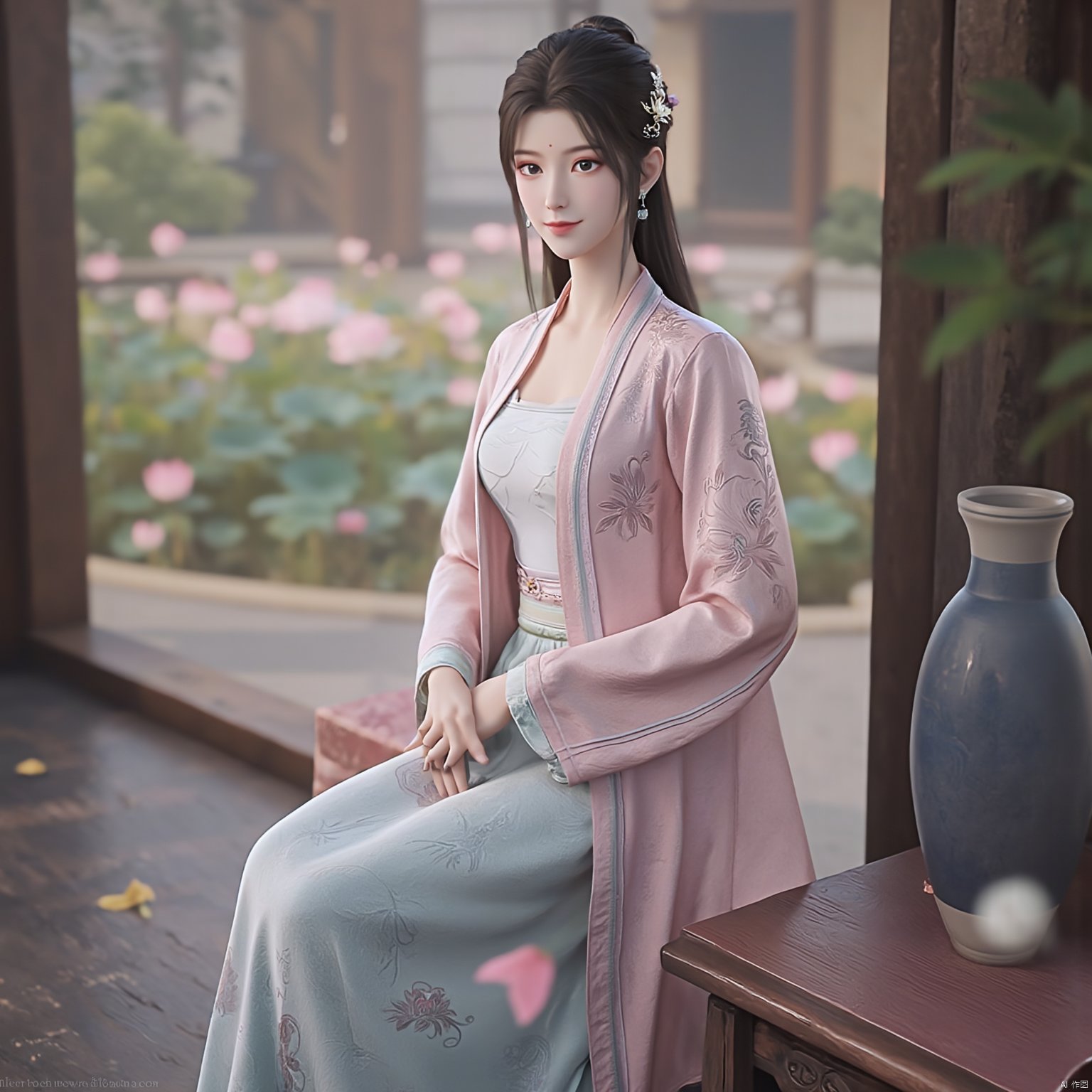 Best quality, Realistic, photorealistic, masterpiece, (huge breasts:2.39) , best shadow, huge filesize ,(huge breasts:2.39) incredibly absurdres, absurdres, looking at viewer, transparent, smog, gauze, vase, petals, room, ancient Chinese style, detailed background, wide shot background,
(((1gilr,black hair))),(Sitting on the lotus pond porch:1.39) ,(huge breasts:2.59),(A pond full of pink lotus flowers:1.3),close up of 1girl,Hairpins,hair ornament,hair wings,slim,narrow waist,(huge breasts:2.69),perfect eyes,beautiful perfect face,pleasant smile,perfect female figure,detailed skin,charming,alluring,seductive,erotic,enchanting,delicate pattern,detailed complex and rich exquisite clothing detail,delicate intricate fabrics,
Morning Serenade In the gentle morning glow, (a woman in a pink lotus-patterned Hanfu stands in an indoor courtyard:1.26),(Chinese traditional dragon and phoenix embroidered Hanfu:1.3), admiring the tranquil garden scenery. The lotus-patterned Hanfu, embellished with silver-thread embroidery, is softly illuminated by the morning light. The light mint green Hanfu imparts a sense of calm and freshness, adorned with delicate lotus patterns, with a blurred background to enhance the peaceful atmosphere,(huge breasts:2.79),Xsutaner,Xhulianxin,Xyinluoxia,Xsysh,Xyunxiao,Xningyao