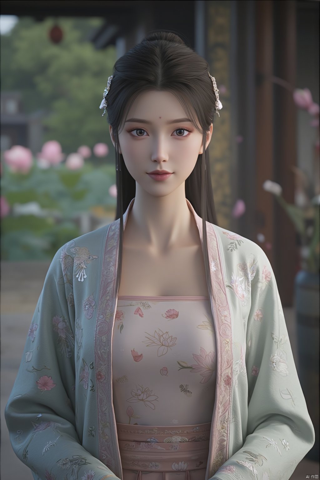 Best quality, Realistic, photorealistic, masterpiece, (huge breasts:2.39) , best shadow, huge filesize ,(huge breasts:2.39) incredibly absurdres, absurdres, looking at viewer, transparent, smog, gauze, vase, petals, room, ancient Chinese style, detailed background, wide shot background,
(((1gilr,black hair))),(Sitting on the lotus pond porch:1.39) ,(huge breasts:2.59),(A pond full of pink lotus flowers:1.3),close up of 1girl,Hairpins,hair ornament,hair wings,slim,narrow waist,(huge breasts:2.69),perfect eyes,beautiful perfect face,pleasant smile,perfect female figure,detailed skin,charming,alluring,seductive,erotic,enchanting,delicate pattern,detailed complex and rich exquisite clothing detail,delicate intricate fabrics,
Morning Serenade In the gentle morning glow, (a woman in a pink lotus-patterned Hanfu stands in an indoor courtyard:1.26),(Chinese traditional dragon and phoenix embroidered Hanfu:1.3), admiring the tranquil garden scenery. The lotus-patterned Hanfu, embellished with silver-thread embroidery, is softly illuminated by the morning light. The light mint green Hanfu imparts a sense of calm and freshness, adorned with delicate lotus patterns, with a blurred background to enhance the peaceful atmosphere,(huge breasts:2.79),Xsutaner,Xhulianxin,Xyinluoxia,Xsysh,Xyunxiao,Xningyao