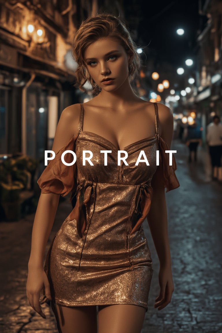 a hot sexy german girl wearing sexy dress, walking in street, text "Portrait" placed on top in white color, cover photo, dramatic lights