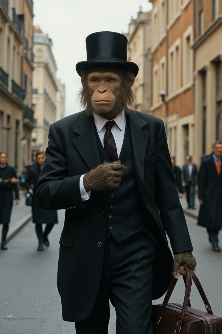 High resolution, full detailed, better image quality,16k, ultrara definition,ultra-realistic,

Believe me a monkey, with suit form, with a top hat, and a suitcase in hand, walking in the city 