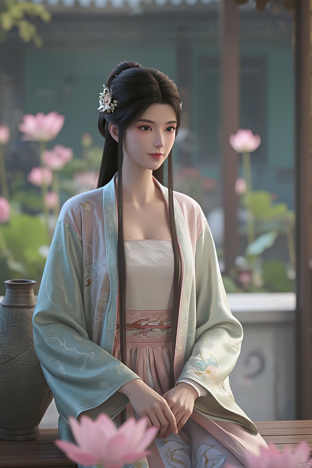 Best quality, Realistic, photorealistic, masterpiece, (huge breasts:2.39) , best shadow, huge filesize ,(huge breasts:2.39) incredibly absurdres, absurdres, looking at viewer, transparent, smog, gauze, vase, petals, room, ancient Chinese style, detailed background, wide shot background,
(((1gilr,black hair))),(Sitting on the lotus pond porch:1.39) ,(huge breasts:2.59),(A pond full of pink lotus flowers:1.3),close up of 1girl,Hairpins,hair ornament,hair wings,slim,narrow waist,(huge breasts:2.69),perfect eyes,beautiful perfect face,pleasant smile,perfect female figure,detailed skin,charming,alluring,seductive,erotic,enchanting,delicate pattern,detailed complex and rich exquisite clothing detail,delicate intricate fabrics,
Morning Serenade In the gentle morning glow, (a woman in a pink lotus-patterned Hanfu stands in an indoor courtyard:1.26),(Chinese traditional dragon and phoenix embroidered Hanfu:1.3), admiring the tranquil garden scenery. The lotus-patterned Hanfu, embellished with silver-thread embroidery, is softly illuminated by the morning light. The light mint green Hanfu imparts a sense of calm and freshness, adorned with delicate lotus patterns, with a blurred background to enhance the peaceful atmosphere,(huge breasts:2.79),Xsutaner,Xhulianxin,Xyinluoxia,Xsysh,Xyunxiao,Xningyao