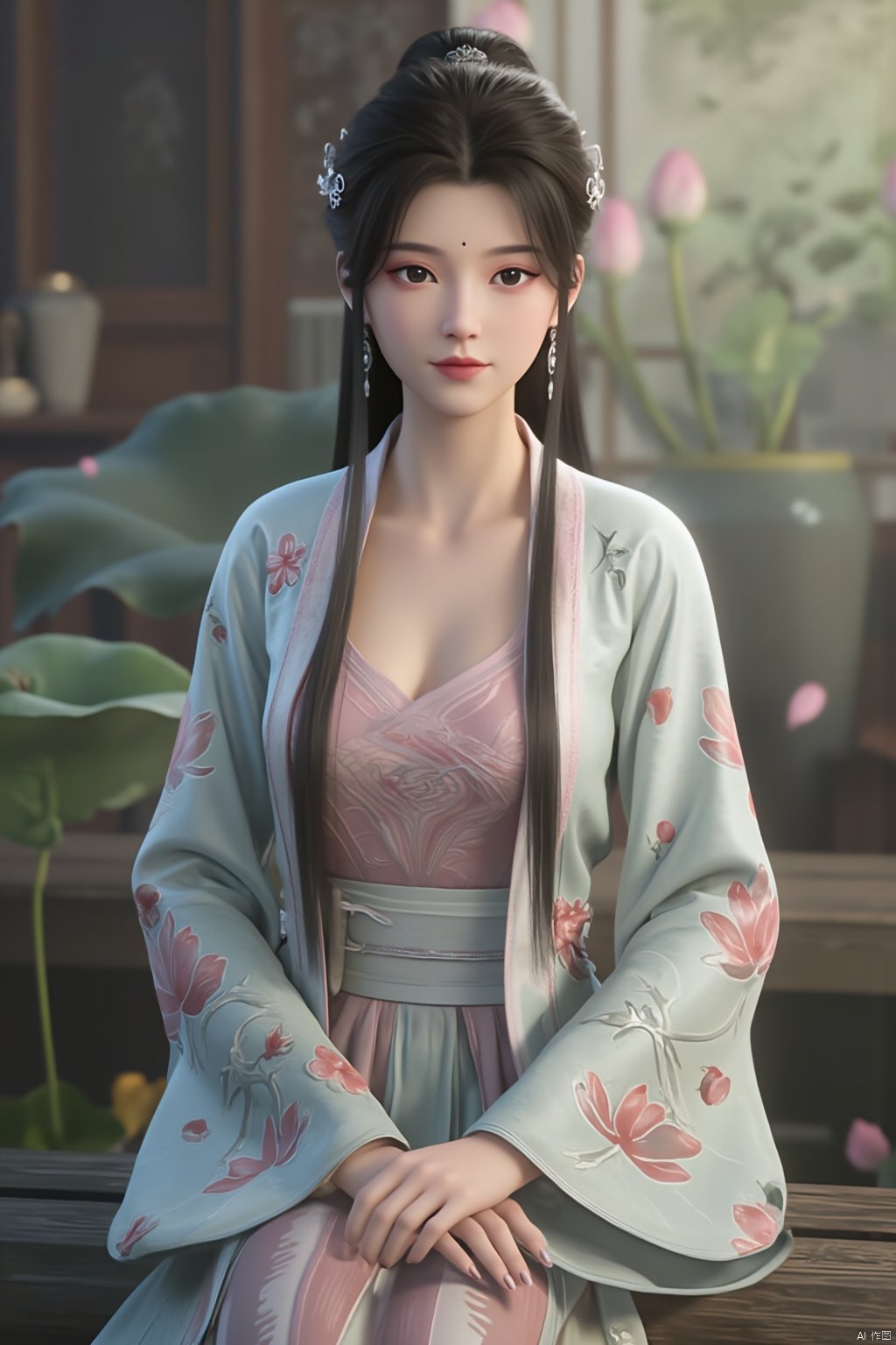 Best quality, Realistic, photorealistic, masterpiece, (huge breasts:2.39) , best shadow, huge filesize ,(huge breasts:2.39) incredibly absurdres, absurdres, looking at viewer, transparent, smog, gauze, vase, petals, room, ancient Chinese style, detailed background, wide shot background,
(((1gilr,black hair))),(Sitting on the lotus pond porch:1.39) ,(huge breasts:2.59),(A pond full of pink lotus flowers:1.3),close up of 1girl,Hairpins,hair ornament,hair wings,slim,narrow waist,(huge breasts:2.69),perfect eyes,beautiful perfect face,pleasant smile,perfect female figure,detailed skin,charming,alluring,seductive,erotic,enchanting,delicate pattern,detailed complex and rich exquisite clothing detail,delicate intricate fabrics,
Morning Serenade In the gentle morning glow, (a woman in a pink lotus-patterned Hanfu stands in an indoor courtyard:1.26),(Chinese traditional dragon and phoenix embroidered Hanfu:1.3), admiring the tranquil garden scenery. The lotus-patterned Hanfu, embellished with silver-thread embroidery, is softly illuminated by the morning light. The light mint green Hanfu imparts a sense of calm and freshness, adorned with delicate lotus patterns, with a blurred background to enhance the peaceful atmosphere,(huge breasts:2.79),Xsutaner,Xhulianxin,Xyinluoxia,Xsysh,Xyunxiao,Xningyao