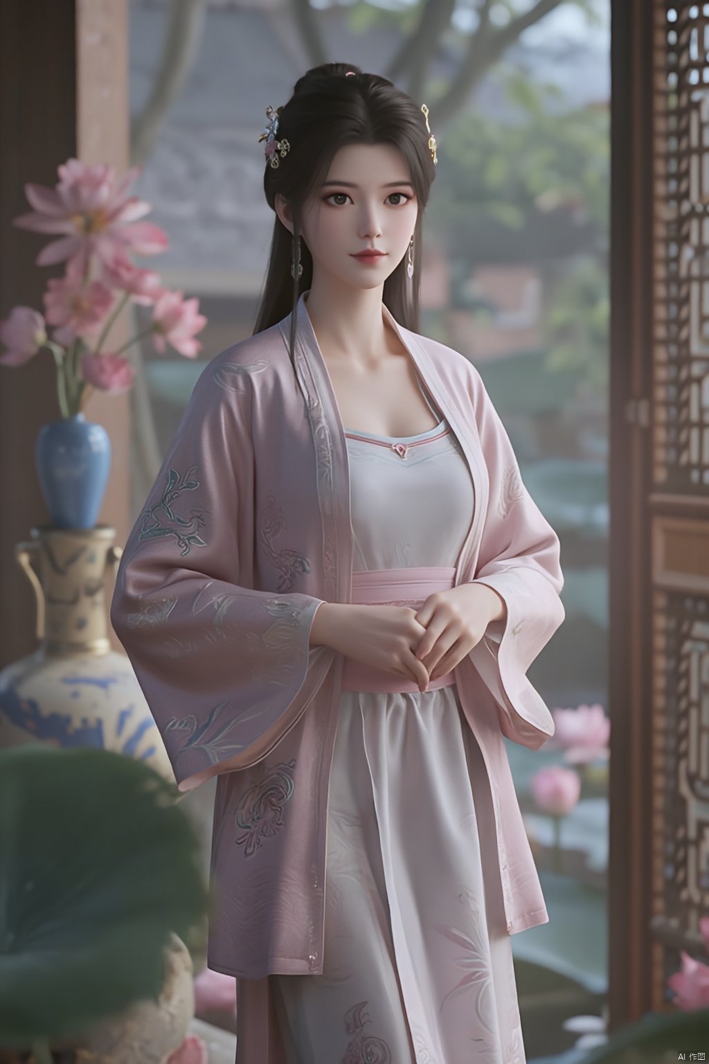 Best quality, Realistic, photorealistic, masterpiece, (huge breasts:2.39) , best shadow, huge filesize ,(huge breasts:2.39) incredibly absurdres, absurdres, looking at viewer, transparent, smog, gauze, vase, petals, room, ancient Chinese style, detailed background, wide shot background,
(((1gilr,black hair))),(Sitting on the lotus pond porch:1.39) ,(huge breasts:2.59),(A pond full of pink lotus flowers:1.3),close up of 1girl,Hairpins,hair ornament,hair wings,slim,narrow waist,(huge breasts:2.69),perfect eyes,beautiful perfect face,pleasant smile,perfect female figure,detailed skin,charming,alluring,seductive,erotic,enchanting,delicate pattern,detailed complex and rich exquisite clothing detail,delicate intricate fabrics,
Morning Serenade In the gentle morning glow, (a woman in a pink lotus-patterned Hanfu stands in an indoor courtyard:1.26),(Chinese traditional dragon and phoenix embroidered Hanfu:1.3), admiring the tranquil garden scenery. The lotus-patterned Hanfu, embellished with silver-thread embroidery, is softly illuminated by the morning light. The light mint green Hanfu imparts a sense of calm and freshness, adorned with delicate lotus patterns, with a blurred background to enhance the peaceful atmosphere,(huge breasts:2.79),Xsutaner,Xhulianxin,Xyinluoxia,Xsysh,Xyunxiao,Xningyao