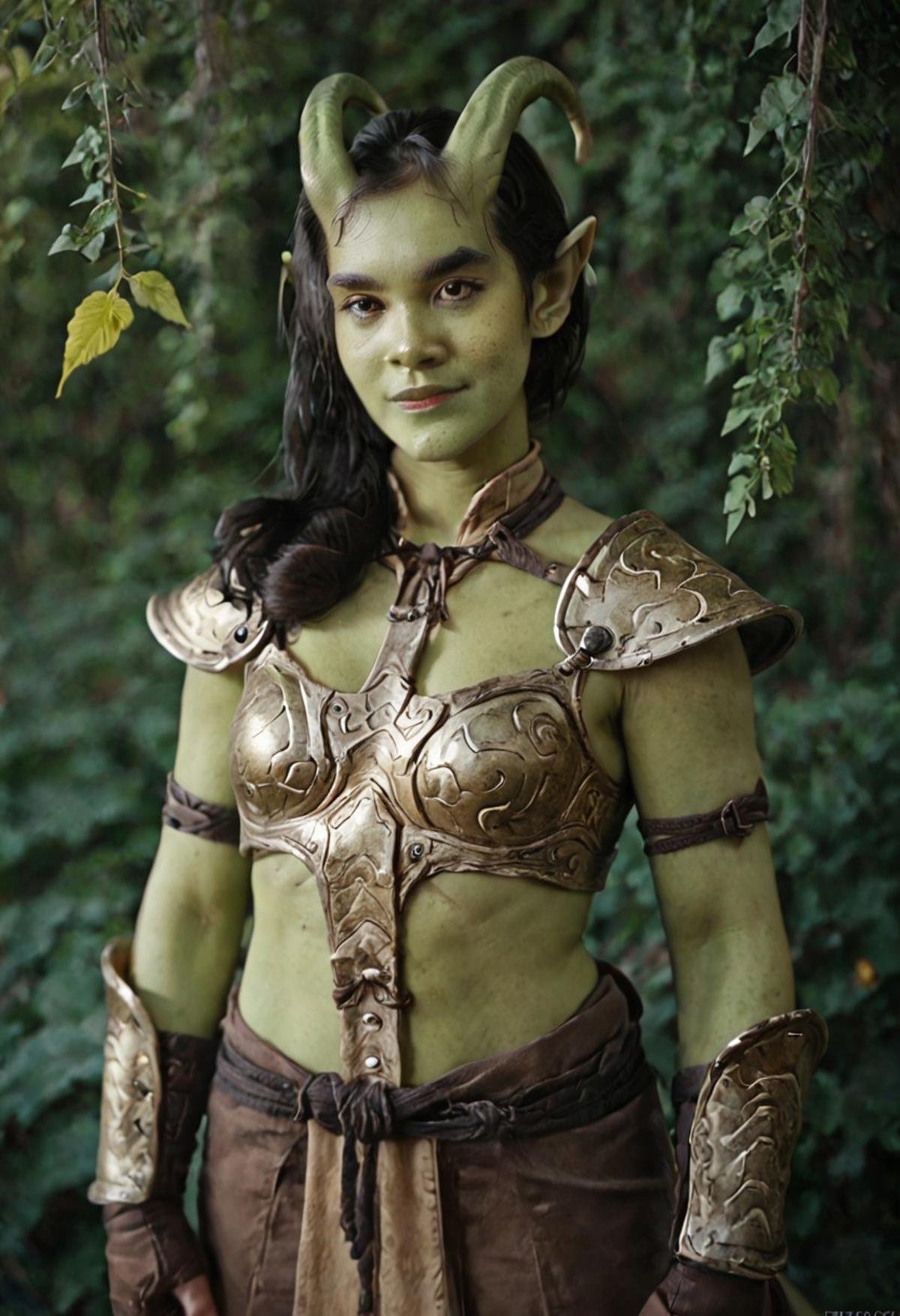 score_9, score_8_up, score_7_up, woman, solo,  Tiefling, dark brown eyes,  green horns, black hair, rich green skin, and yellow leaf armor,armen