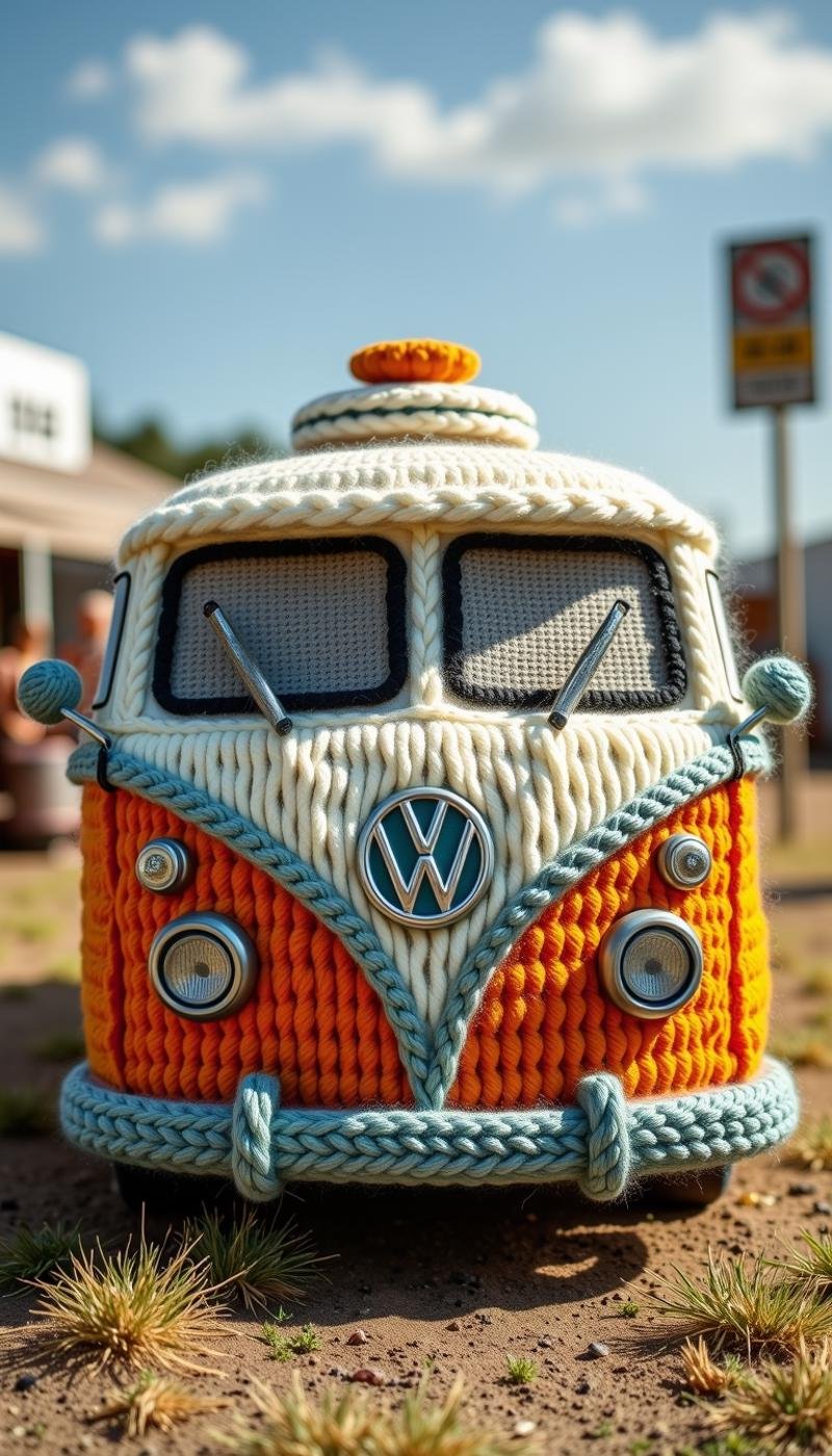 Made out of wool a a retro Volkswagen bus parked at a music festival campground