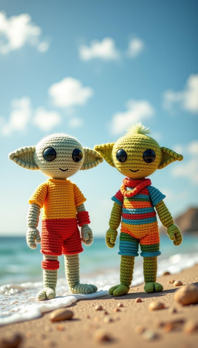 Made out of wool, a aliens enjoying a sunny day at a beach