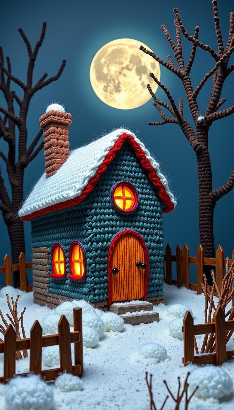 w00lyw0rld Realistic oil painting of a spooky, abandoned dollhouse in a snowy village, dimly lit by the moon, with cobwebs, chipped paint, and broken windows, surrounded by bare trees and a rusted fence, tilted camera angle, cold color palette, eerie atmosphere