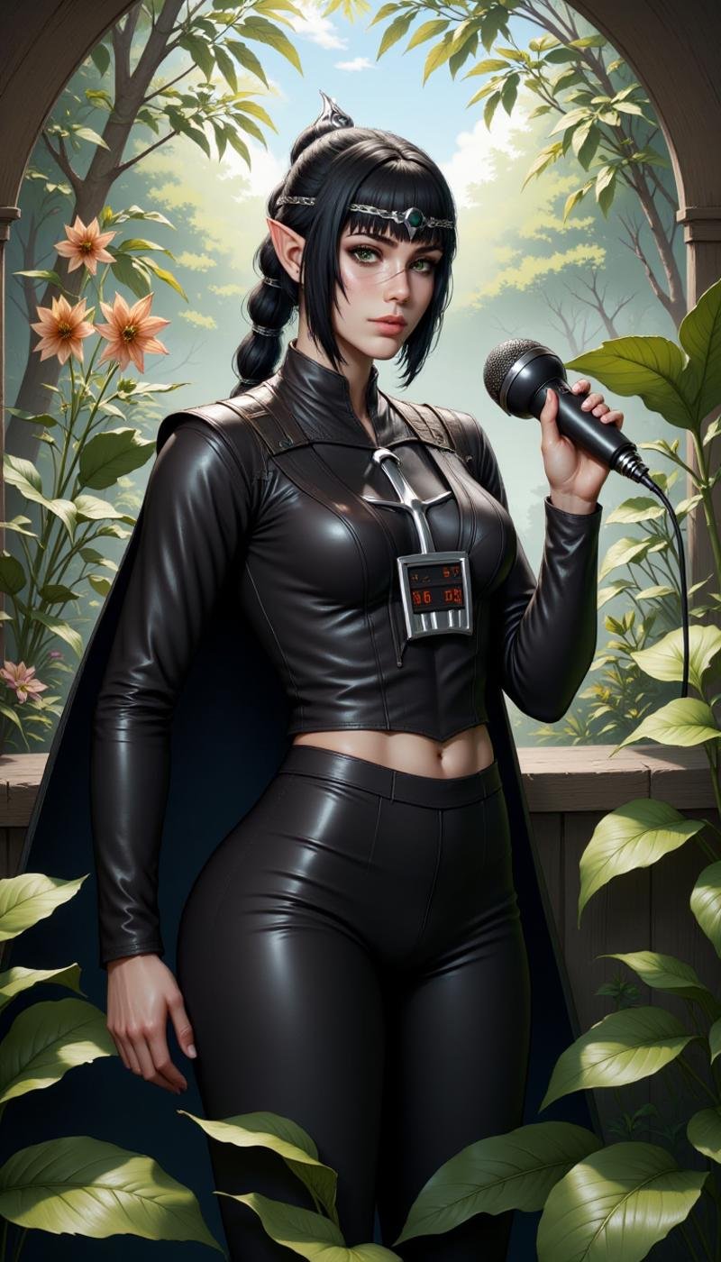 A realistic photo of a Sh4d0wh34rt woman cosplaying as Darth Vader Podcasting in a orbital garden. Extremely detailed hyper-realistic photo.