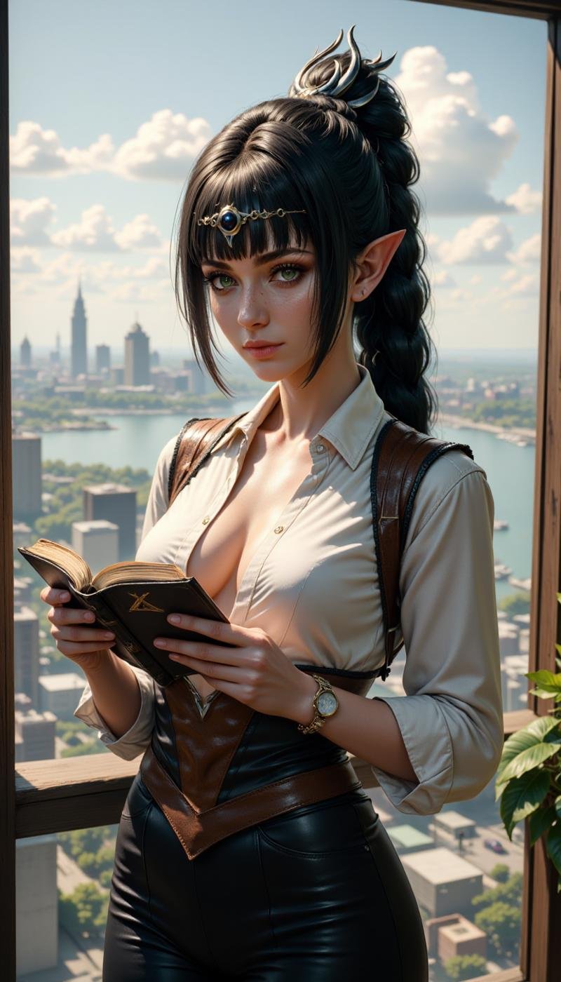 A realistic photo of a Sh4d0wh34rt character cosplaying as Pirate Reading a biography in a skyscraper location