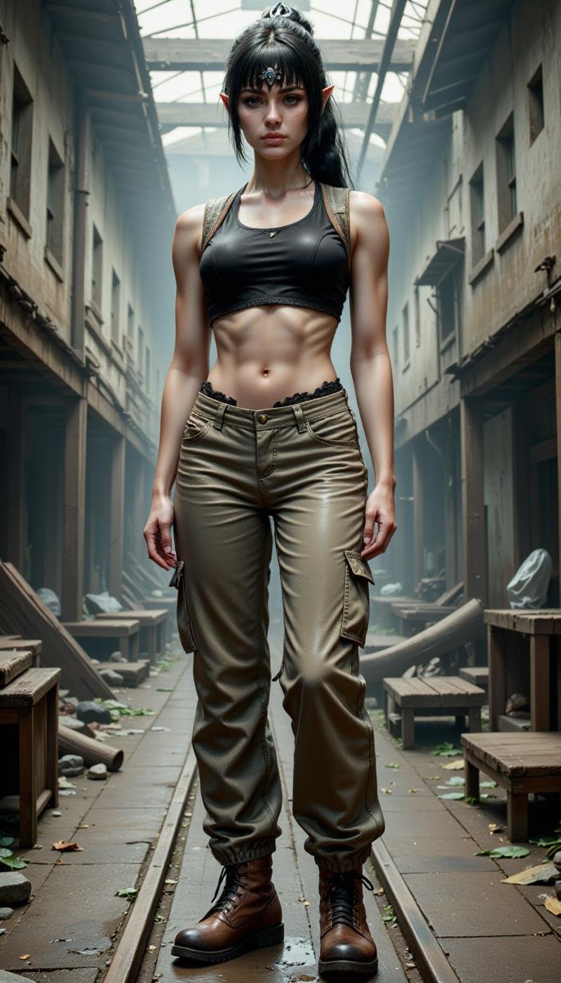 A realistic photo of a Sh4d0wh34rt woman wearing grungy, heavily torn cargo pants and a ragged, stained tank top, muddy hiking boots, practical but deeply damaged from a harsh survival environment Studying a subject in a laser grid room. Extremely detailed hyper-realistic photo shot using a Sony a6600 Mirrorless Camera using Æ/5.6. Wearing a diadem and she has a (scar:1.3) on her nose.