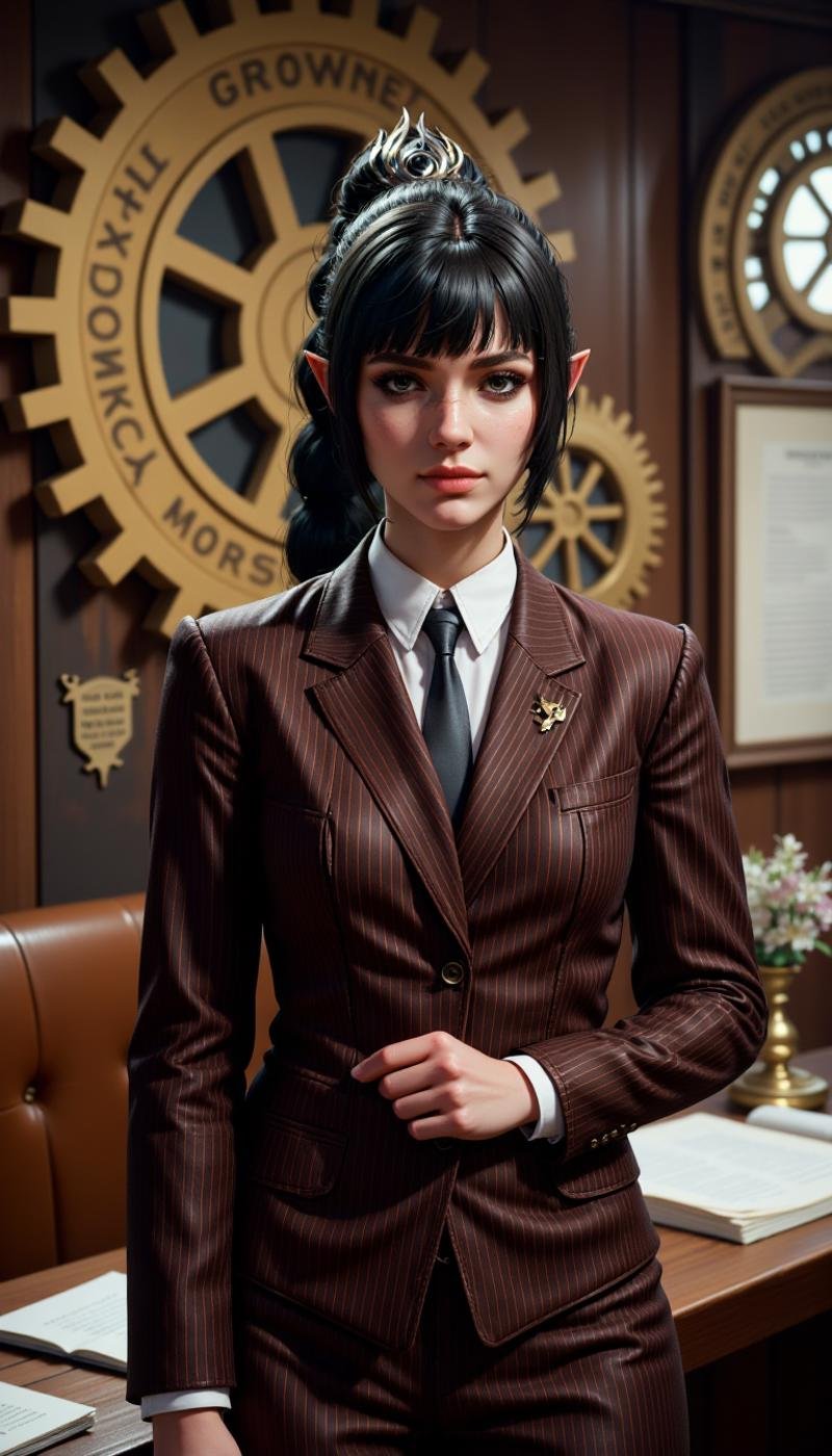 A female character( wearing a striped business suit:1.2). The woman is doing a Planning activity in a colossal gears location. A full body front and side view. Highly detailed young fantasy woman with fantasy aesthetic. She has freckles, pointy ears, large, expressive black eyes. She wears a regal dark brown crown with ornate designs.