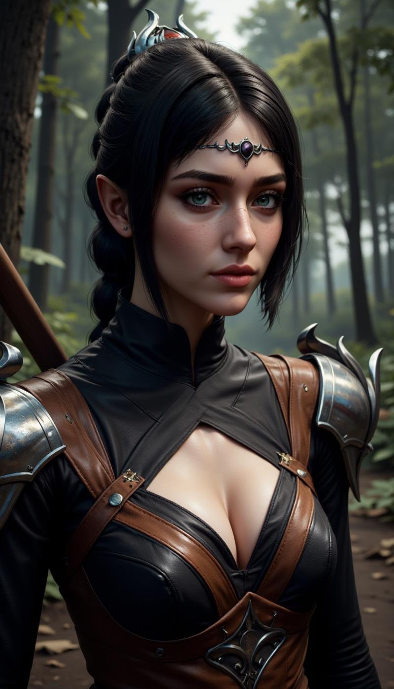 A female character wearing normal everyday 20th century clothes. The woman is doing a Networking activity in a sleeping forest location. A full body front and side view. Highly detailed young fantasy woman with fantasy aesthetic. She has freckles, pointy ears, large, expressive turquoise eyes. She wears a regal amber crown with ornate designs. She wears dark, high-necked garment metallic, shoulder armor slightly worn, weathered look.