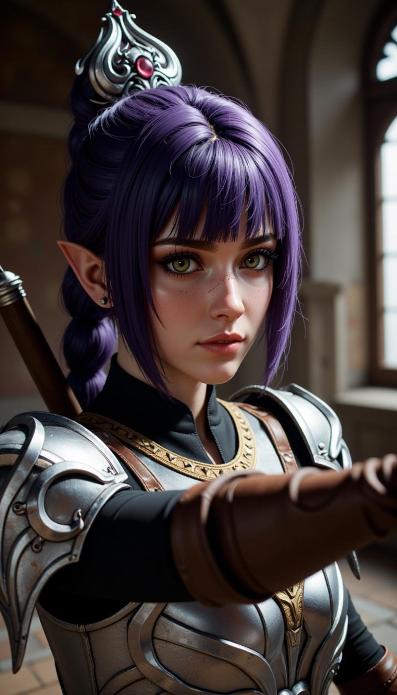 A female character The woman is doing a Archery activity in a mausoleum location. Rendered in a scandinavian christmas art art style. A action pose view of this highly detailed young woman with fantasy aesthetic. Meticulous attention to textures and lighting. subject has fair, smooth complexion hint freckles, pointy ears, large, expressive hazel eyes. Her purple hair styled high ponytail thick braid, adorned silver crown-like headpiece that features intricate, ornate designs. crown focal point, adding regal otherworldly touch her appearance.She wears dark, high-necked garment metallic, shoulder armor slightly worn, weathered look, suggesting character history adventure or battle. intricately sharp, angular edges rivets, giving it rugged yet elegant appearance. enhancing three-dimensional effect. blend realism, capturing both delicate beauty warrior spirit subject.