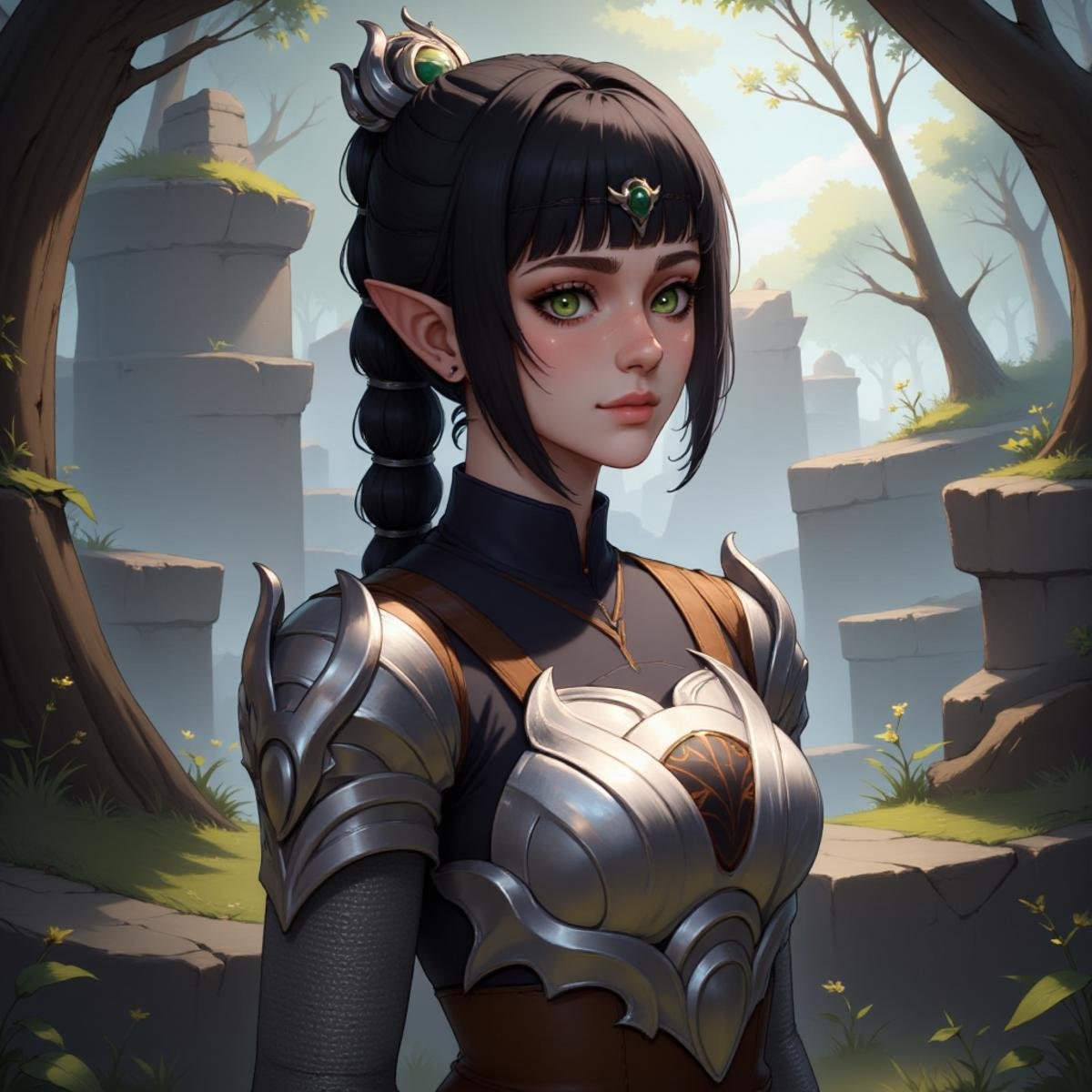 a female character.  This is a highly detailed digital illustration in realistic fantasy style. The subject young elf woman with pale, almost translucent skin, and strikingly large, emerald green eyes that exude sense of wisdom calm. Her pointed, elf-like ears are prominent add to her otherworldly appearance. She has long, dark hair tied back high ponytail few loose strands framing face.She dressed medieval-style armor, intricate, silver plates covering shoulders chest, adorned ornate designs suggest level craftsmanship. armor sleek polished, reflecting light, giving it metallic sheen. attire complemented by black, form-fitting tunic emphasizes slender physique.The background mystical forest scene, rocky outcrops dense foliage suggests remote, enchanted location. light filtering through the trees casts soft, diffused shadows, creating serene ethereal atmosphere. overall color palette muted, shades gray, green, brown dominating, enhancing feel image.