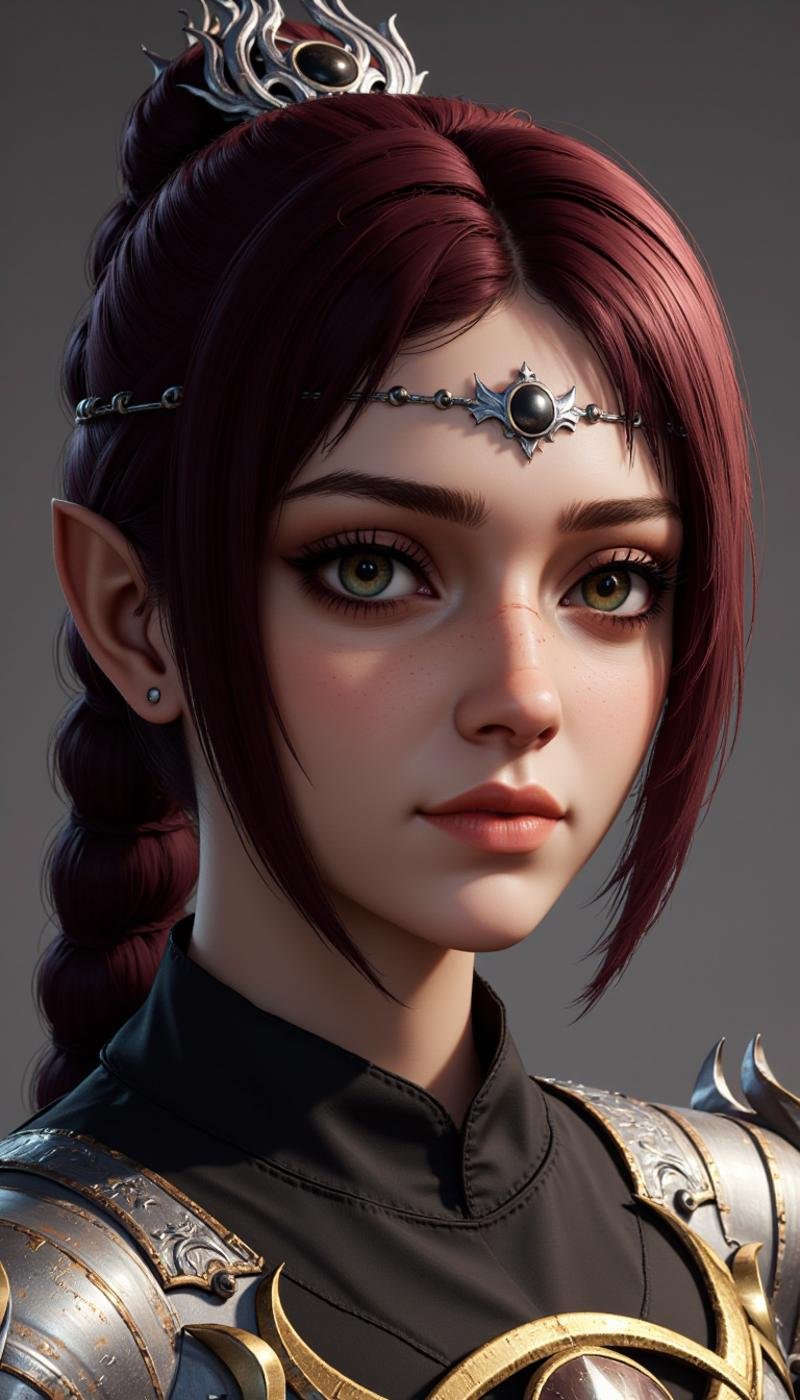 A female character rendered in a Silk Screen Printing art style. A wide shot view of this highly detailed young woman with fantasy aesthetic. Meticulous attention to textures and lighting. subject has fair, smooth complexion hint freckles, pointy ears, large, expressive jade eyes. Her burgundy hair styled high ponytail thick braid, adorned silver crown-like headpiece that features intricate, ornate designs. crown focal point, adding regal otherworldly touch her appearance.The woman is doing a Investing activity in a cyberspace location.She wears dark, high-necked garment metallic, shoulder armor slightly worn, weathered look, suggesting character history adventure or battle. intricately sharp, angular edges rivets, giving it rugged yet elegant appearance. enhancing three-dimensional effect. blend realism, capturing both delicate beauty warrior spirit subject.