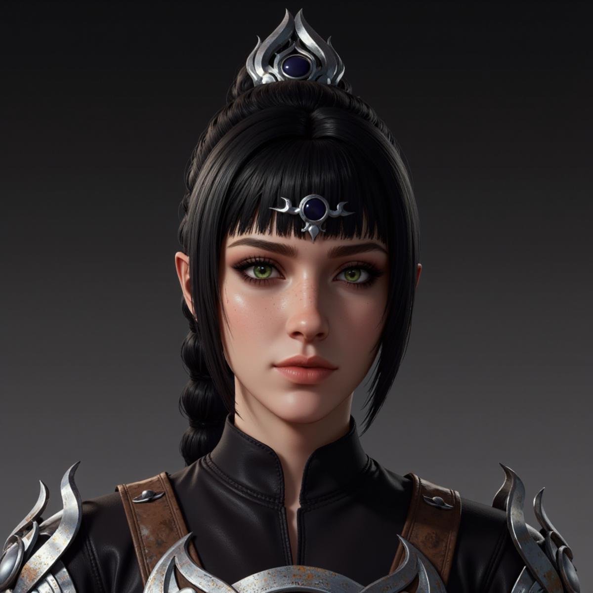 female character.  This is a highly detailed digital illustration of young woman with fantasy aesthetic. The image rendered in hyper-realistic style, meticulous attention to textures and lighting. subject has fair, smooth complexion hint freckles, large, expressive green eyes. Her black hair styled high ponytail thick braid, adorned silver crown-like headpiece that features intricate, ornate designs. crown focal point, adding regal otherworldly touch her appearance.She wears dark, high-necked garment metallic, shoulder armor slightly worn, weathered look, suggesting character history adventure or battle. intricately sharp, angular edges rivets, giving it rugged yet elegant appearance. background gradient dark light gray, which keeps the focus on armor, enhancing three-dimensional effect. lighting soft directional, highlighting contours face creating sense depth realism. blend realism, capturing both delicate beauty warrior spirit subject.