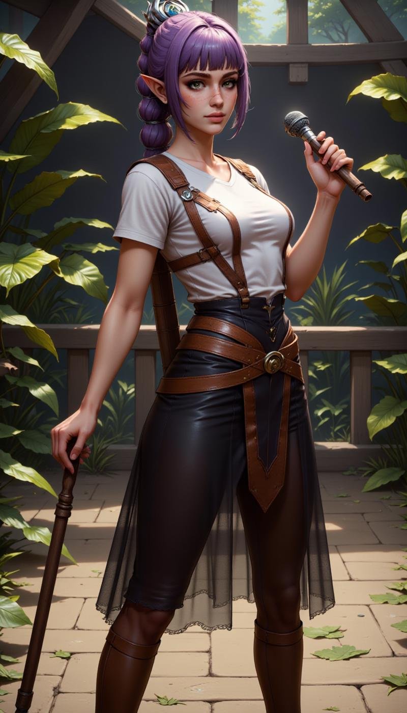 A male elf character wearing T-shirt dress and Tulle skirts. In her hand she is wielding a Tonfa. The woman is doing a Podcasting activity in a mechanical zoo location. A full body front and side view. Highly detailed young fantasy woman with fantasy aesthetic. She has freckles, pointy ears, large, expressive brown eyes. She has purple. 