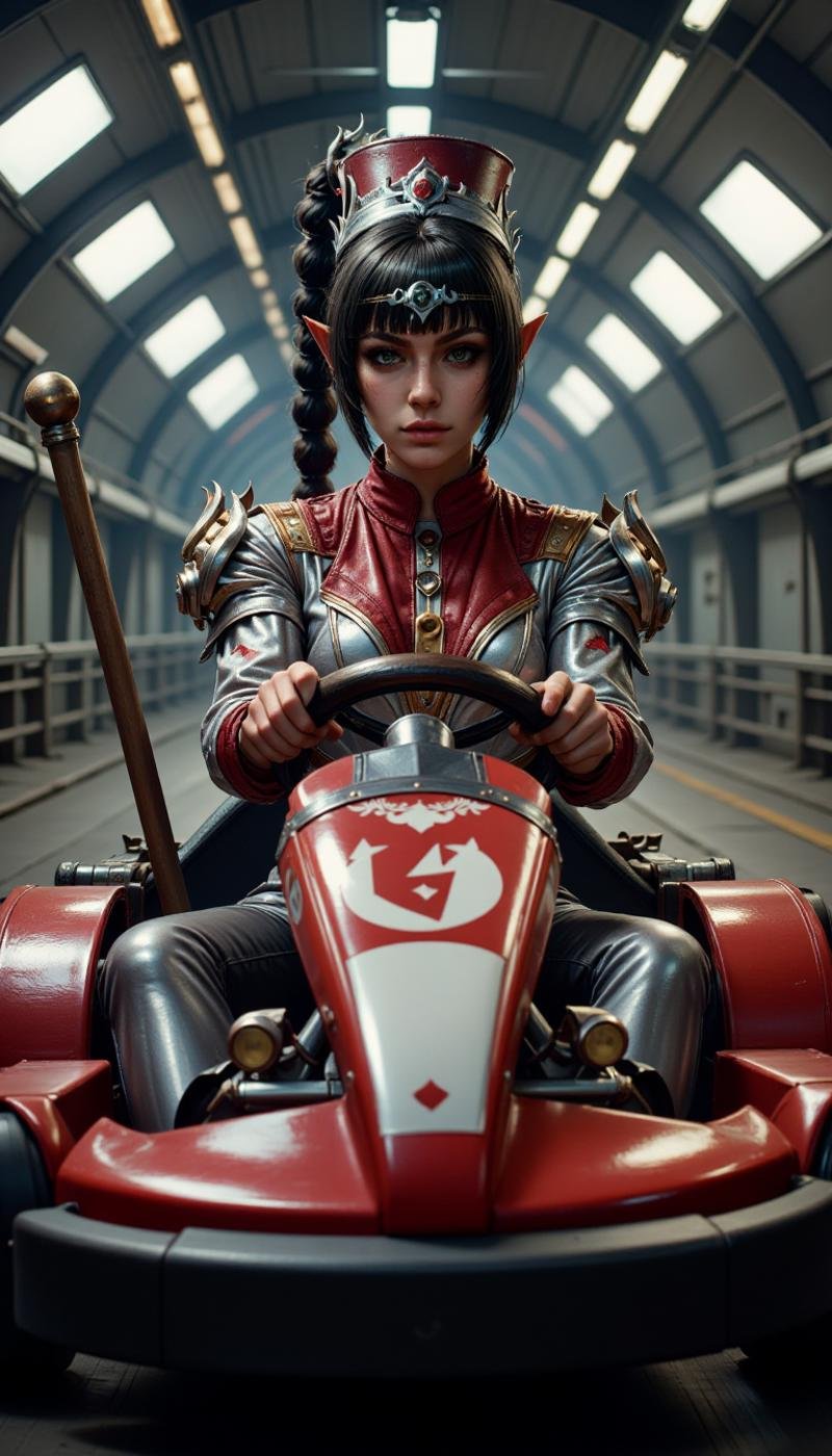 A female character (wearing a clown costume:1.2). The woman is doing a Go-kart racing activity in a time warp chamber location. A full body front and side view. Highly detailed young fantasy woman with fantasy aesthetic. She has freckles, pointy ears, large, expressive brown eyes. She wears a regal silver. She wears a (top hat:1.4). In her hand is a battle axe.