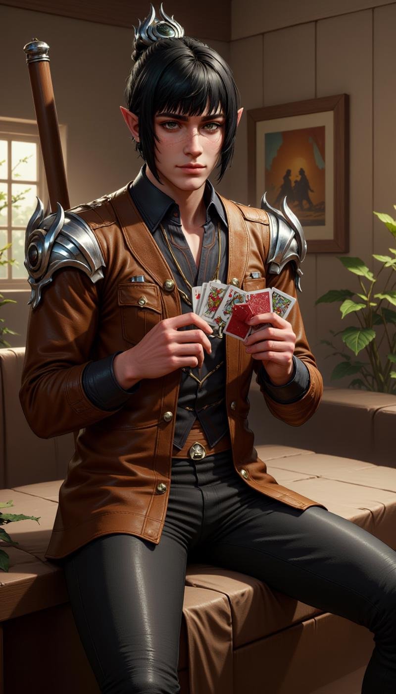 A male elf character wearing chic clothes. He is a Giant slayer class. The man is doing a Playing cards activity in a hive colony location. A full body front and side view. Highly detailed young fantasy male with fantasy aesthetic. He has freckles, pointy ears, large, expressive grey eyes.