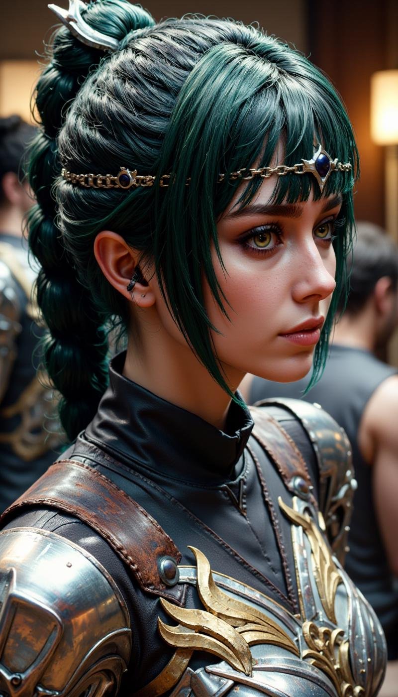 A female character rendered in a Realism art style. A medium shot view of this highly detailed young woman with fantasy aesthetic. Meticulous attention to textures and lighting. subject has fair, smooth complexion hint freckles, pointy ears, large, expressive pink eyes. Her green hair styled high ponytail thick braid, adorned silver crown-like headpiece that features intricate, ornate designs. crown focal point, adding regal otherworldly touch her appearance.The woman is doing a Playing activity in a weather control station location.She wears dark, high-necked garment metallic, shoulder armor slightly worn, weathered look, suggesting character history adventure or battle. intricately sharp, angular edges rivets, giving it rugged yet elegant appearance. enhancing three-dimensional effect. blend realism, capturing both delicate beauty warrior spirit subject.