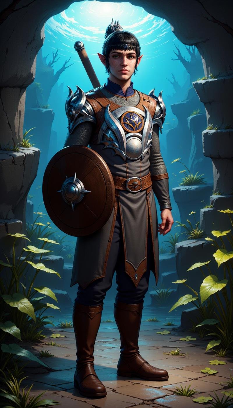 A male elf character wearing reflective clothes. In his hand he is wielding a Round shield. The man is doing a Quilting activity in a underwater volcano location. A full body front and side view. Highly detailed young fantasy male with fantasy aesthetic. He has freckles, pointy ears, large, expressive turquoise eyes.