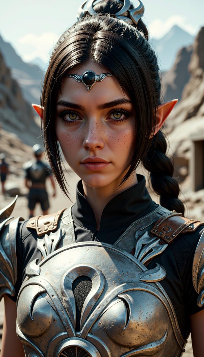 A female character rendered in a Spooky art style. A medium shot view of this highly detailed young woman with fantasy aesthetic. Meticulous attention to textures and lighting. subject has fair, smooth complexion hint freckles, pointy ears, large, expressive gold eyes. Her medium brown hair styled high ponytail thick braid, adorned silver crown-like headpiece that features intricate, ornate designs. crown focal point, adding regal otherworldly touch her appearance.The woman is doing a Soccer activity in a earthquake zone location.She wears dark, high-necked garment metallic, shoulder armor slightly worn, weathered look, suggesting character history adventure or battle. intricately sharp, angular edges rivets, giving it rugged yet elegant appearance. enhancing three-dimensional effect. blend realism, capturing both delicate beauty warrior spirit subject.