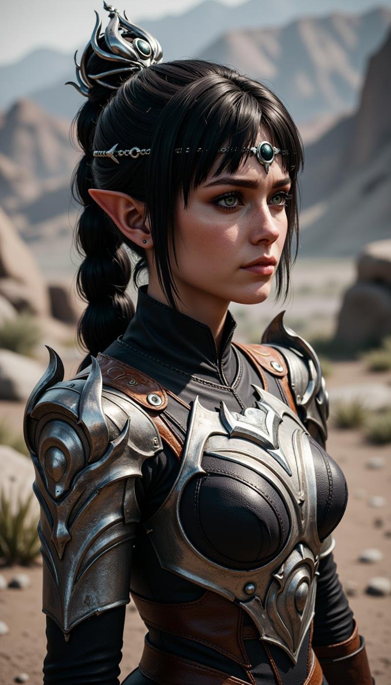 A female character rendered in a Byzantine Art art style. A full body view of this highly detailed young woman with fantasy aesthetic. Meticulous attention to textures and lighting. subject has fair, smooth complexion hint freckles, pointy ears, large, expressive jade eyes. Her dark brown hair styled high ponytail thick braid, adorned silver crown-like headpiece that features intricate, ornate designs. crown focal point, adding regal otherworldly touch her appearance.The woman is doing a Giving a presentation activity in a robotic wasteland location.She wears dark, high-necked garment metallic, shoulder armor slightly worn, weathered look, suggesting character history adventure or battle. intricately sharp, angular edges rivets, giving it rugged yet elegant appearance. enhancing three-dimensional effect. blend realism, capturing both delicate beauty warrior spirit subject.