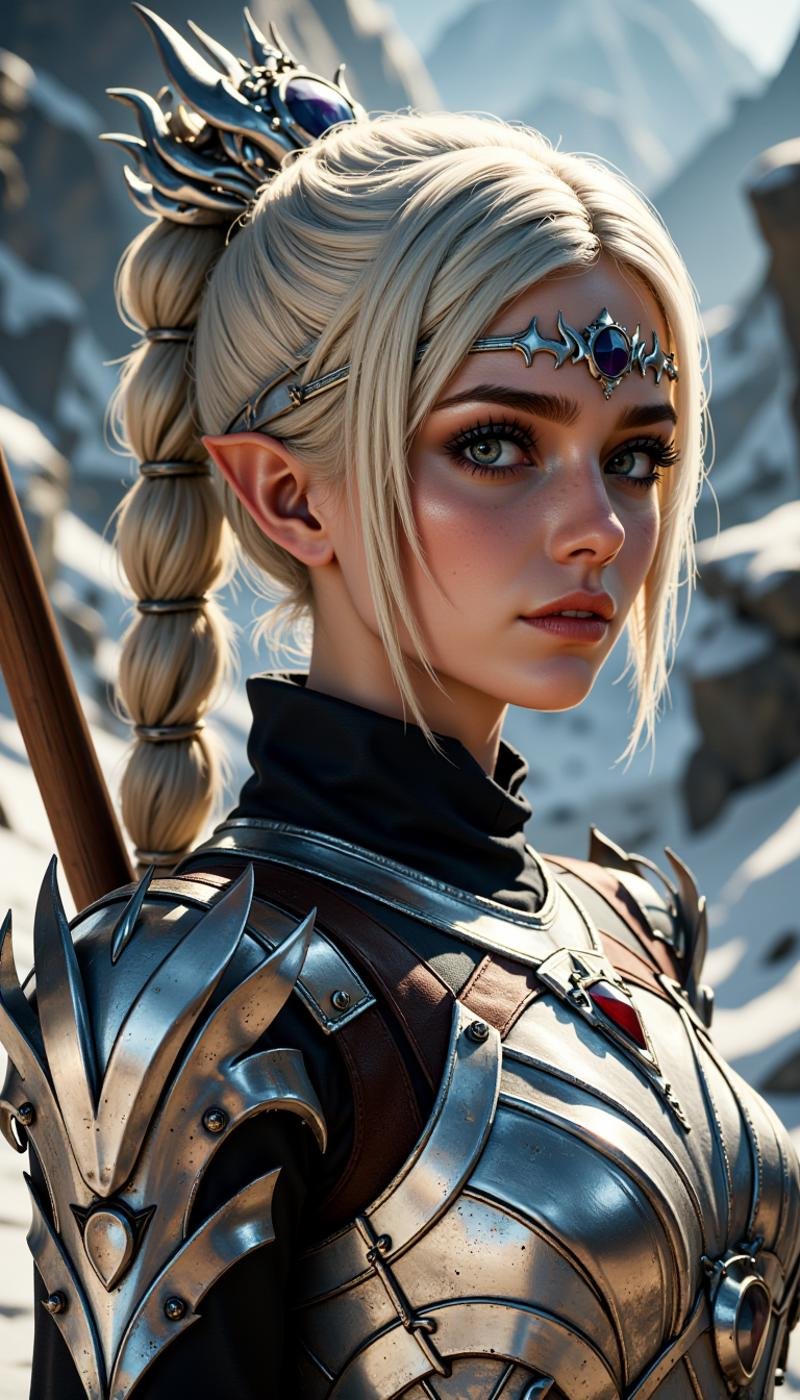 A female character rendered in a Woodcut art style. A full body view of this highly detailed young woman with fantasy aesthetic. Meticulous attention to textures and lighting. subject has fair, smooth complexion hint freckles, pointy ears, large, expressive amethyst eyes. Her blonde hair styled high ponytail thick braid, adorned silver crown-like headpiece that features intricate, ornate designs. crown focal point, adding regal otherworldly touch her appearance.The woman is doing a Skiing activity in a electrified city location.She wears dark, high-necked garment metallic, shoulder armor slightly worn, weathered look, suggesting character history adventure or battle. intricately sharp, angular edges rivets, giving it rugged yet elegant appearance. enhancing three-dimensional effect. blend realism, capturing both delicate beauty warrior spirit subject.