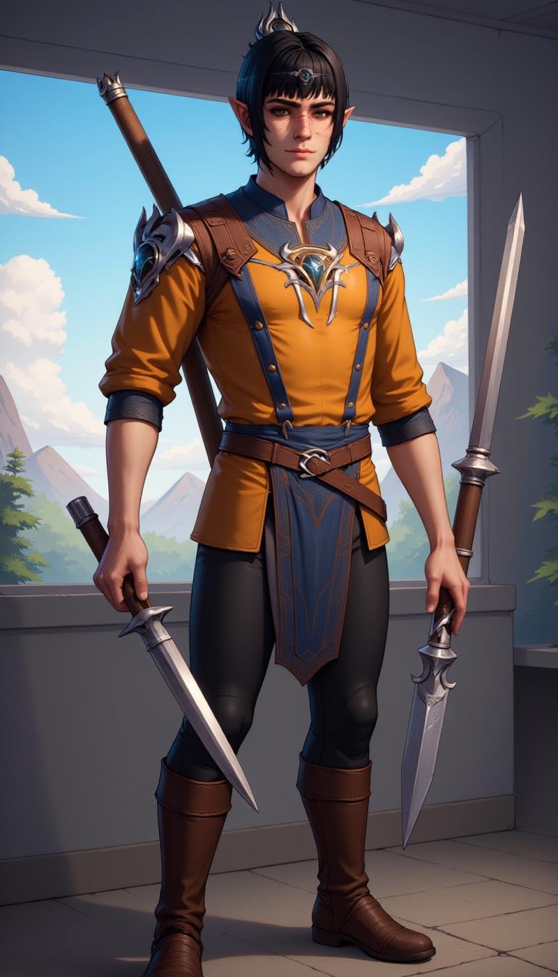 A male elf character wearing colorful clothes. In his hand he is wielding a Durandal. The man is doing a Playing video games activity in a cloud laboratory location. A full body front and side view. Highly detailed young fantasy male with fantasy aesthetic. He has freckles, pointy ears, large, expressive brown eyes.